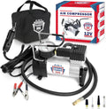 Tire Inflator Portable Air Compressor For Car Tires & Inflatables, 12V DC One Cylinder Air Pump For Emergency Kit with 150 PSI Pressure Gauge, Adaptors, Hose, Car Plug, Clip Connectors & Carry Bag