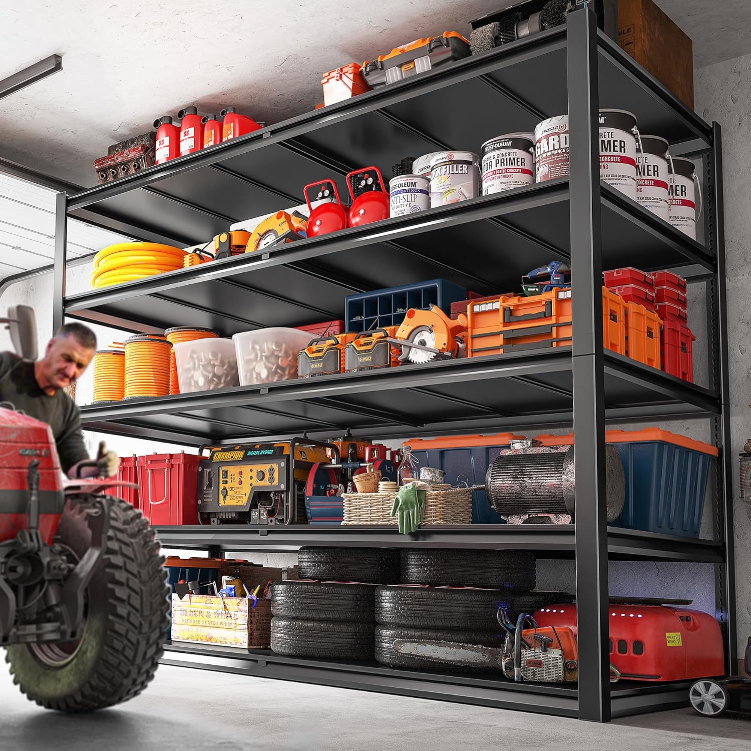 REIBII 78" H Storage Shelves, Garage Shelving Heavy Duty Load 3000LBS, Adjustable Garage Shelving, 5 Tier Metal Shelves Unit for Storage Rack, Basement, 55" W x 26" D x 78" H, Black, 3 Pack