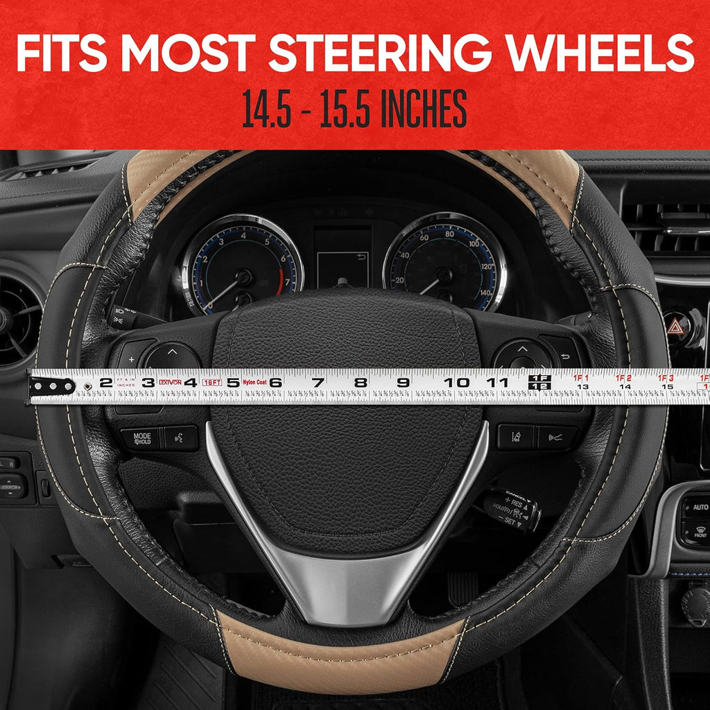 Motor Trend GripDrive Carbon Fiber Steering Wheel Cover, Non-Slip Sporty Racing Faux Leather Ergonomic Comfortable Handle, Steering Wheel Cover for Cars Trucks Vans SUV - Fits Standard 15 Inch - Beige