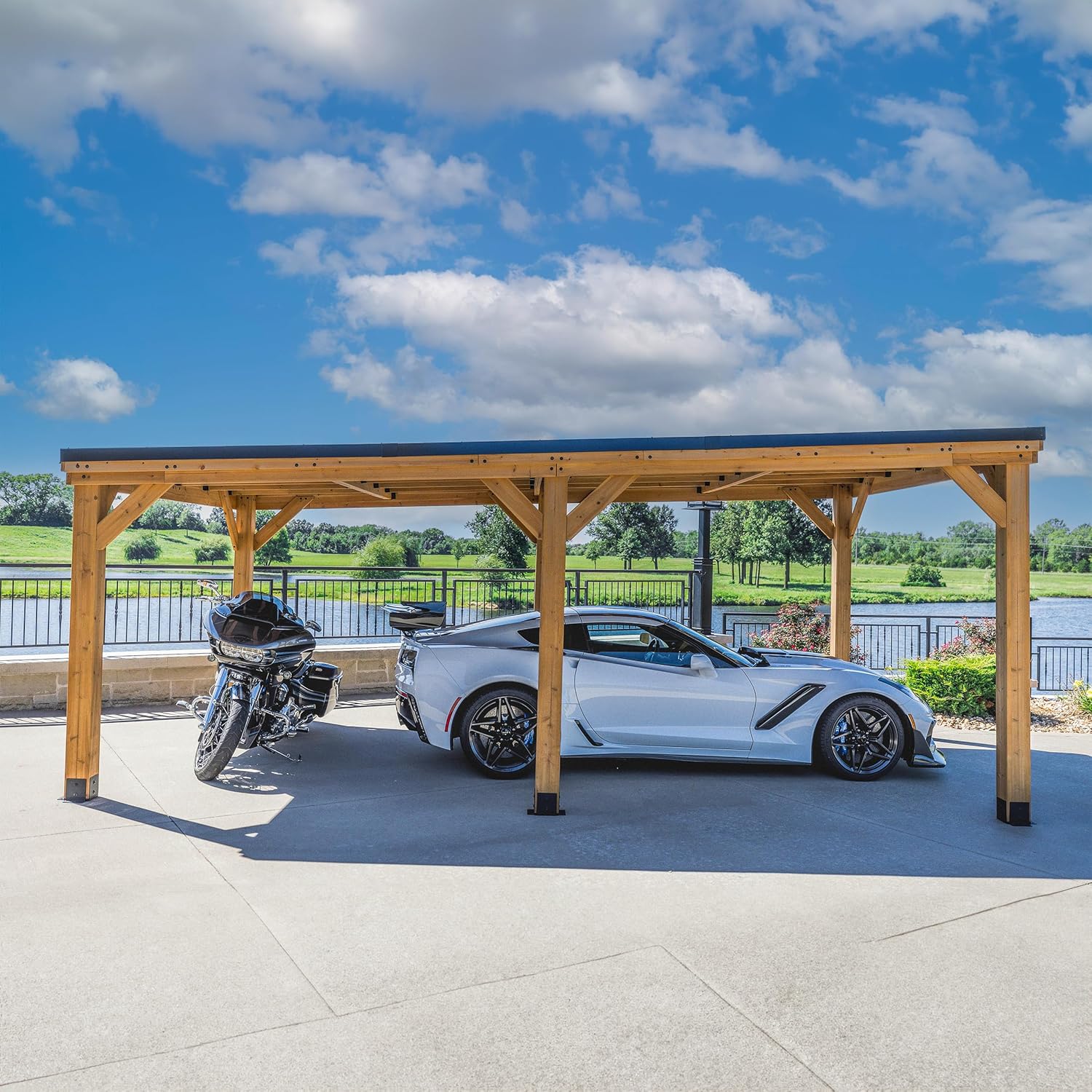 Backyard Discovery Kingsport 20' x 12' Cedar Wood Outdoor Carport Garage with Heavy-Duty Galvanized Steel Slope Roof, Snow Support, Wind Resistance, PowerPort, Shelter to Protect Cars, Boats, Trucks