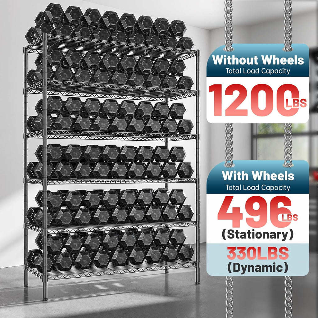 82" H X45 W X18 D Storage Shelves with Wheels, 6 Tier Wire Shelving Adjustable Metal Shelving Pantry Shelves Capacity 1200LBS for Garage Shelving, Pantry, Kitchen, Closet, Black