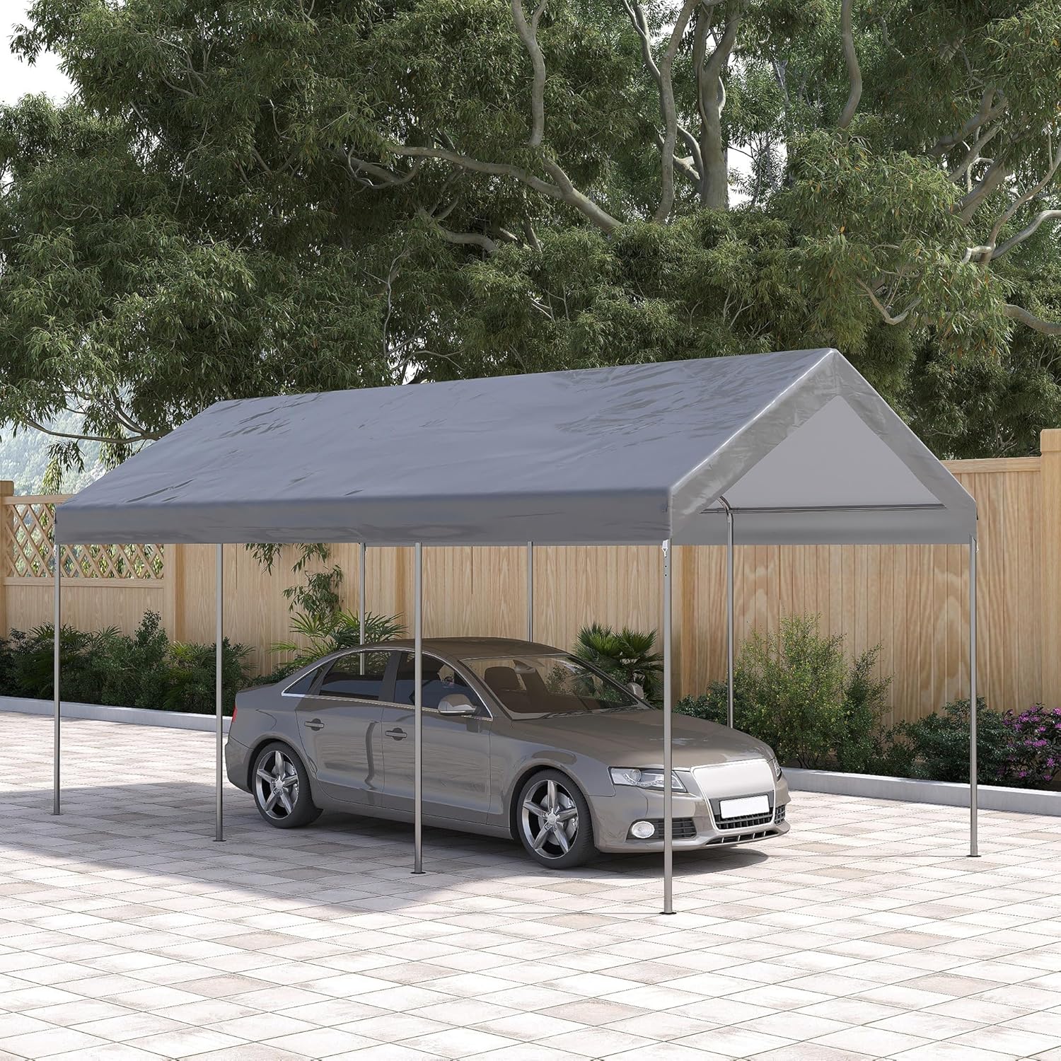 Outsunny 10' x 20' Party Tent and Carport, Height Adjustable Portable Garage, Outdoor Canopy Tent 8 Legs Without Sidewalls for Car, Truck, Boat, Motorcycle, Bike, Garden Tools, Gray