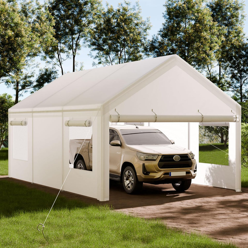 Shintenchi Carport 10' x 20' Heavy Duty Portable Garage, Car Port Canopy with Side-Opening Removable Door & Roll-Up Windows, Car Canopy for Truck,Car,Boat,Motorcycle,White
