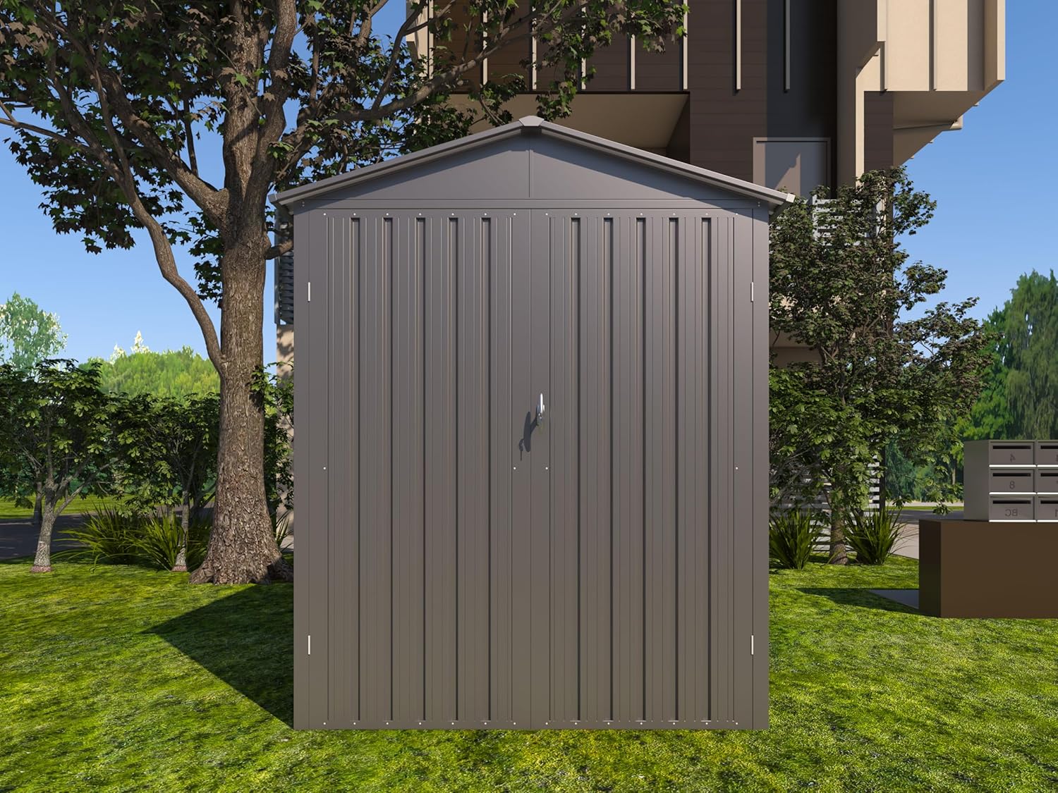 Motorcycle Steel Storage Shed with Window & Tracks,Outdoor Weather-Resistant Storage Box for Bikes, Tools, Sports Equipment,Easy Assembly, 121" W Gray