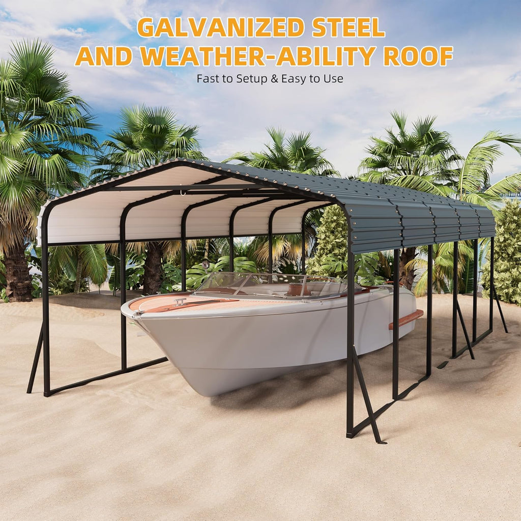 12 x 24 FT Metal Carport with Galvanized Steel Roof, Heavy Duty Metal Roof Carport with Enhanced Base, Tall Kits Garage for Tractors, Trucks, Boats, Cars