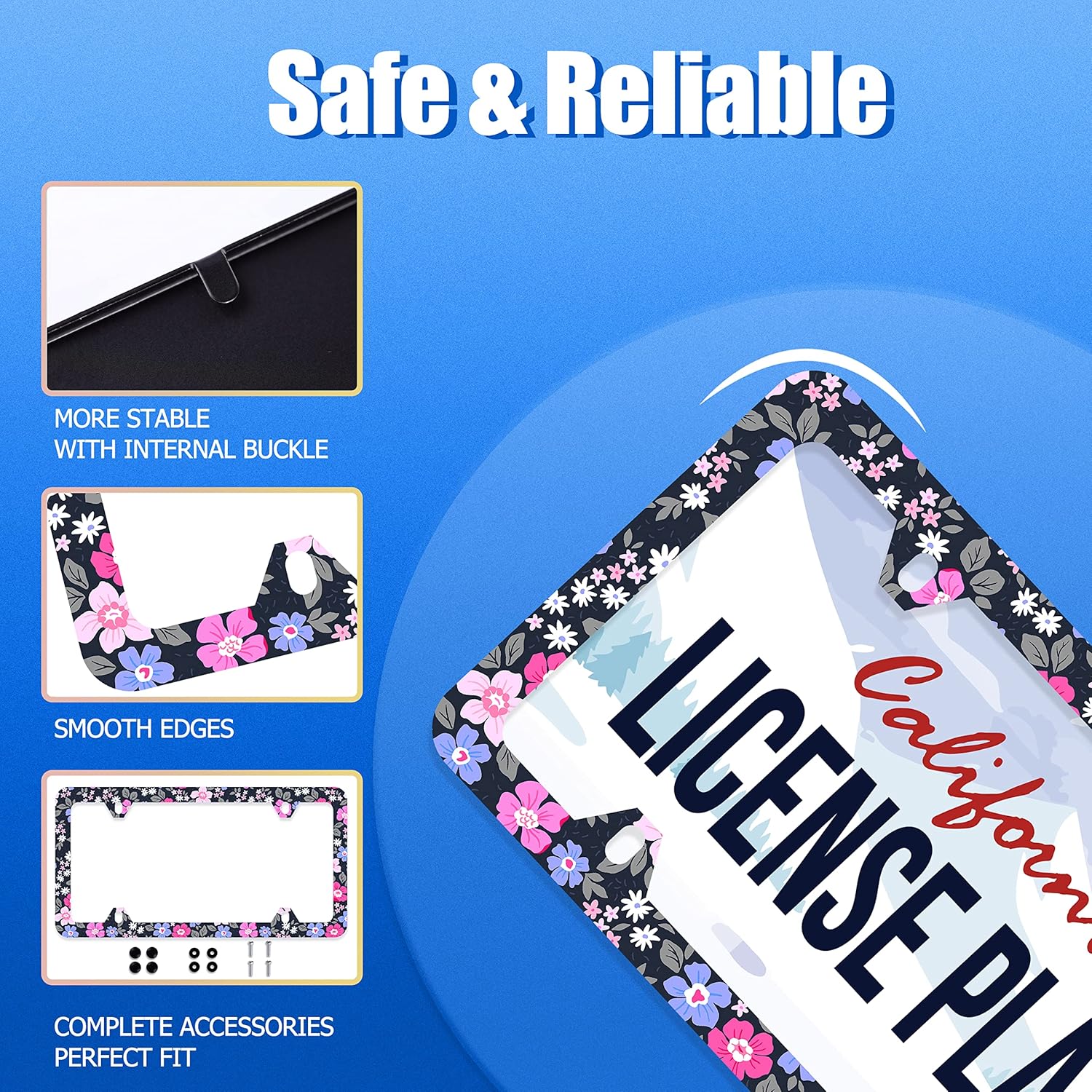 Watercolor Purple and Pink Hibiscus Flowers License Plate Frame License Plate Stainless Steel Parts Colorful License Plate Decorative with Screws Size 12.3" x 6.3" Men Women