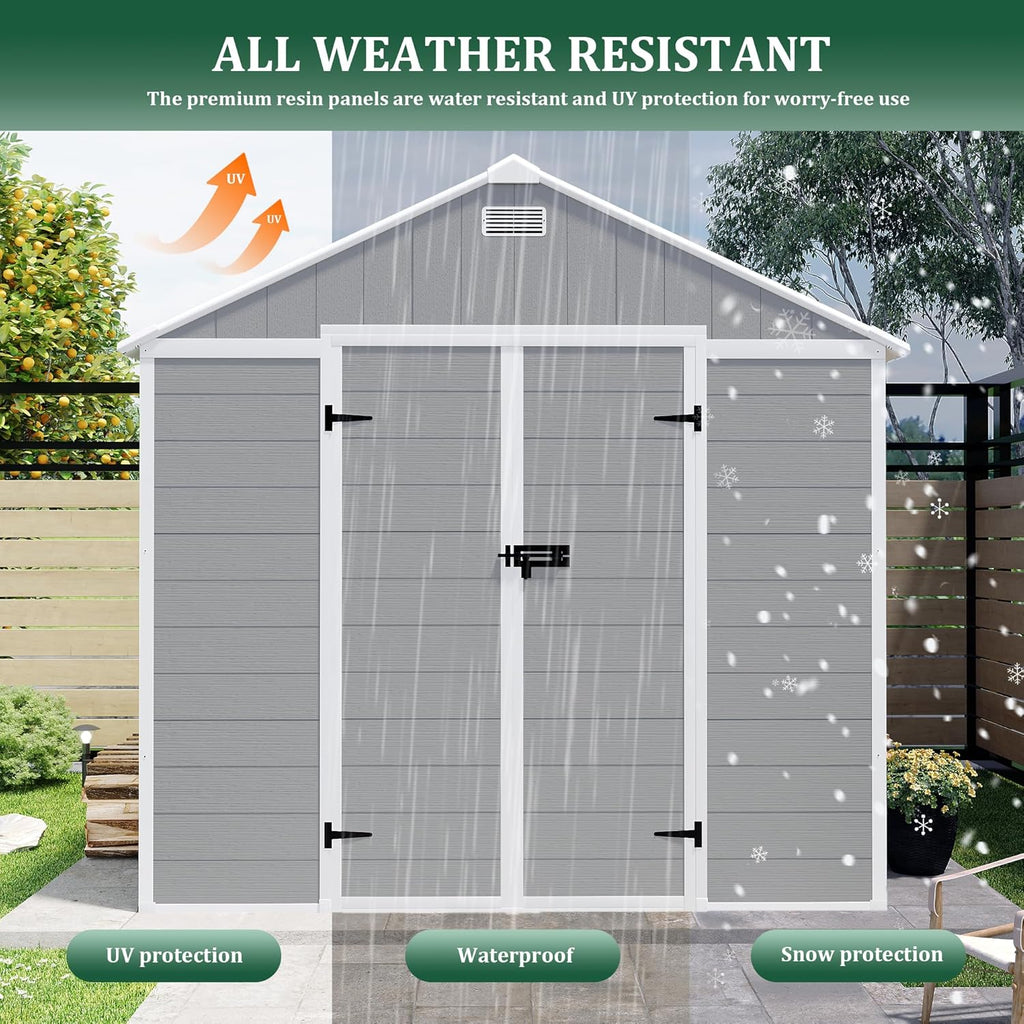 MyVoice 10x8 FT Outdoor Resin Storage Shed with HD Window, Rustproof Waterproof Garden Tool Shed, 12mm Thickened PP Panels, Large Capacity Outdoor Utility House for Backyard Patio (with Floor)