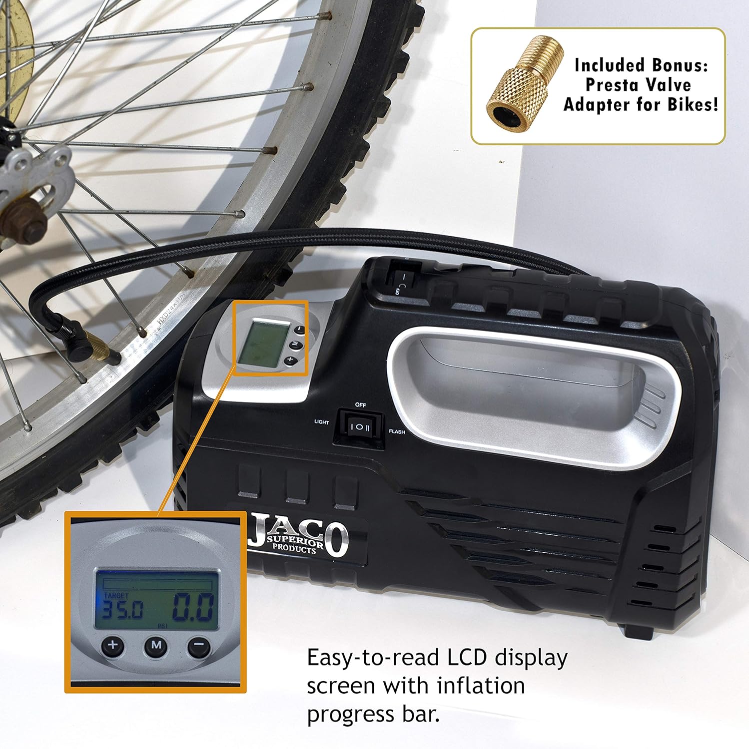 JACO SmartPro 2.0 AC/DC Digital Tire Inflator Pump - Automatic Portable Air Compressor - 100 PSI (12V DC, 110-120V AC)