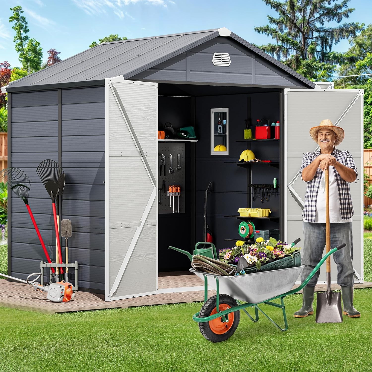 YITAHOME 8x6.2FT Outdoor Storage Shed w/o Floor, All-Weather Plastic Shed with Lockable Doors, Window & Vents, Plastic Tool Shed for Backyard, Patio, Poolside, Lawn, Gray
