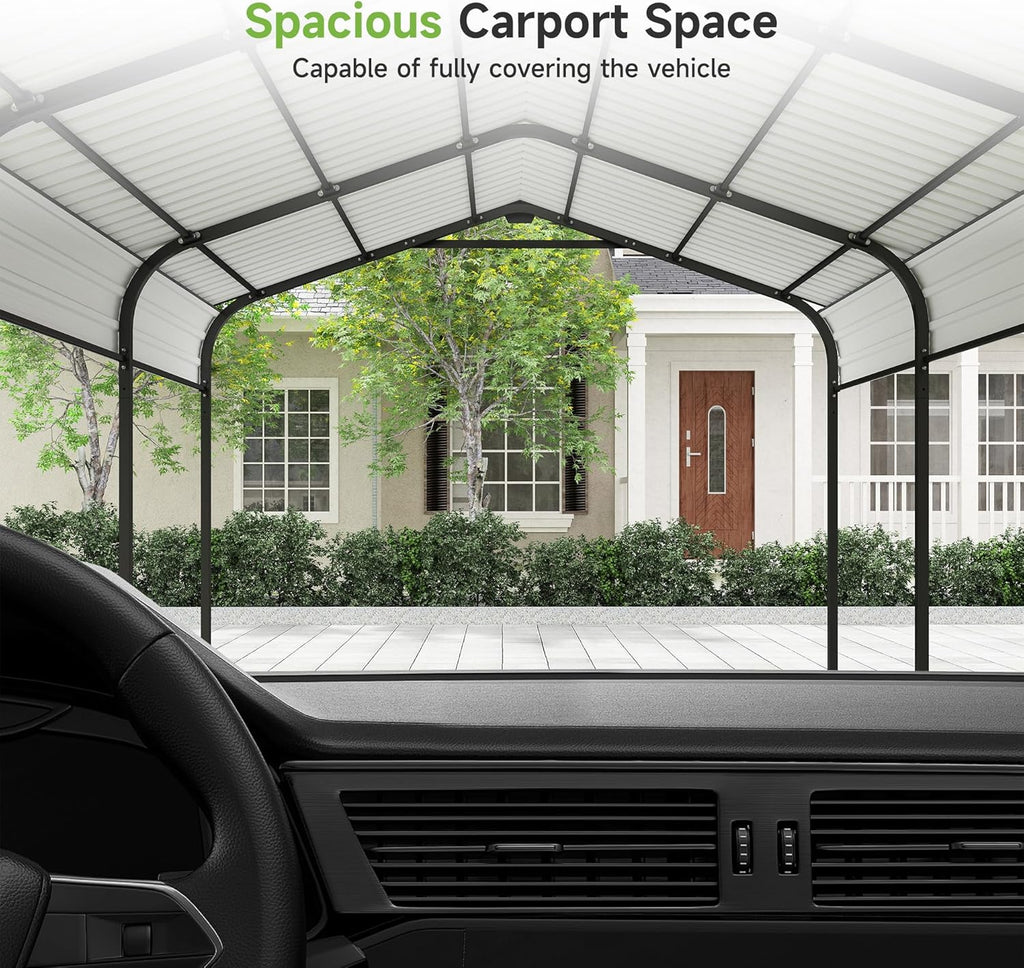 10×15FT Metal Carport, Heavy Duty Car Port, All-Weather Outdoor Storage Trucks, Boats, Cars, Galvanized Steel Roof, Vertical Stripe Design