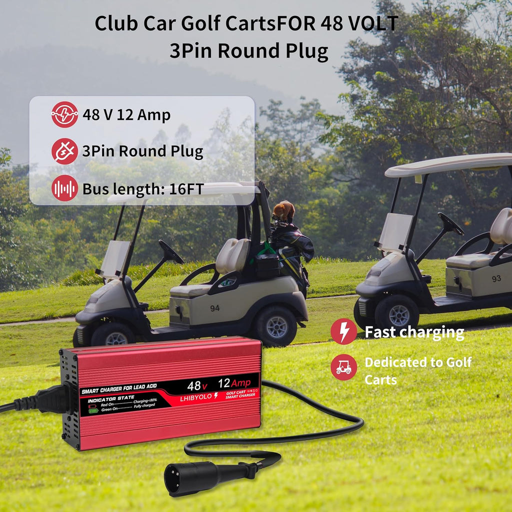 48V Golf Cart Battery Charger for 12A Club Car,with 3 Pin Round Plug, 12 Amp Golf Cart Battery Charger 48 Volt Club Car Charger,16FT