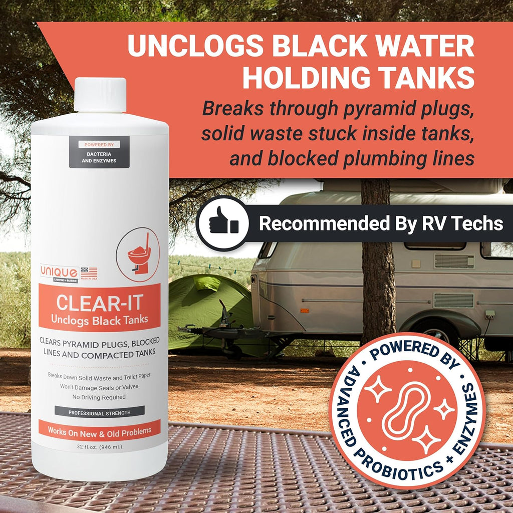 Unique Clear-It RV Black Tank Unclogger Liquid - Breaks Through Pyramid Plugs, Compacted Tanks, and Clogged Pipes 32 oz (2-Pack)