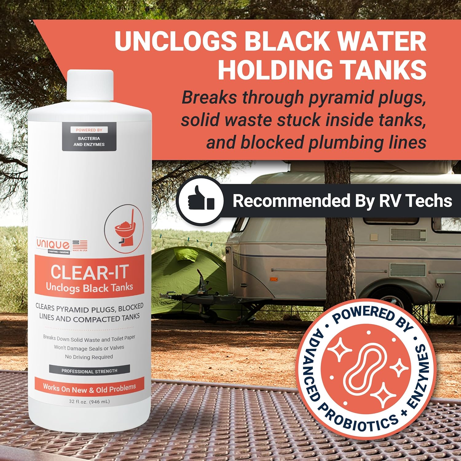 Unique Clear-It RV Black Tank Unclogger Liquid - Breaks Through Pyramid Plugs, Compacted Tanks, and Clogged Pipes 32 oz (2-Pack)