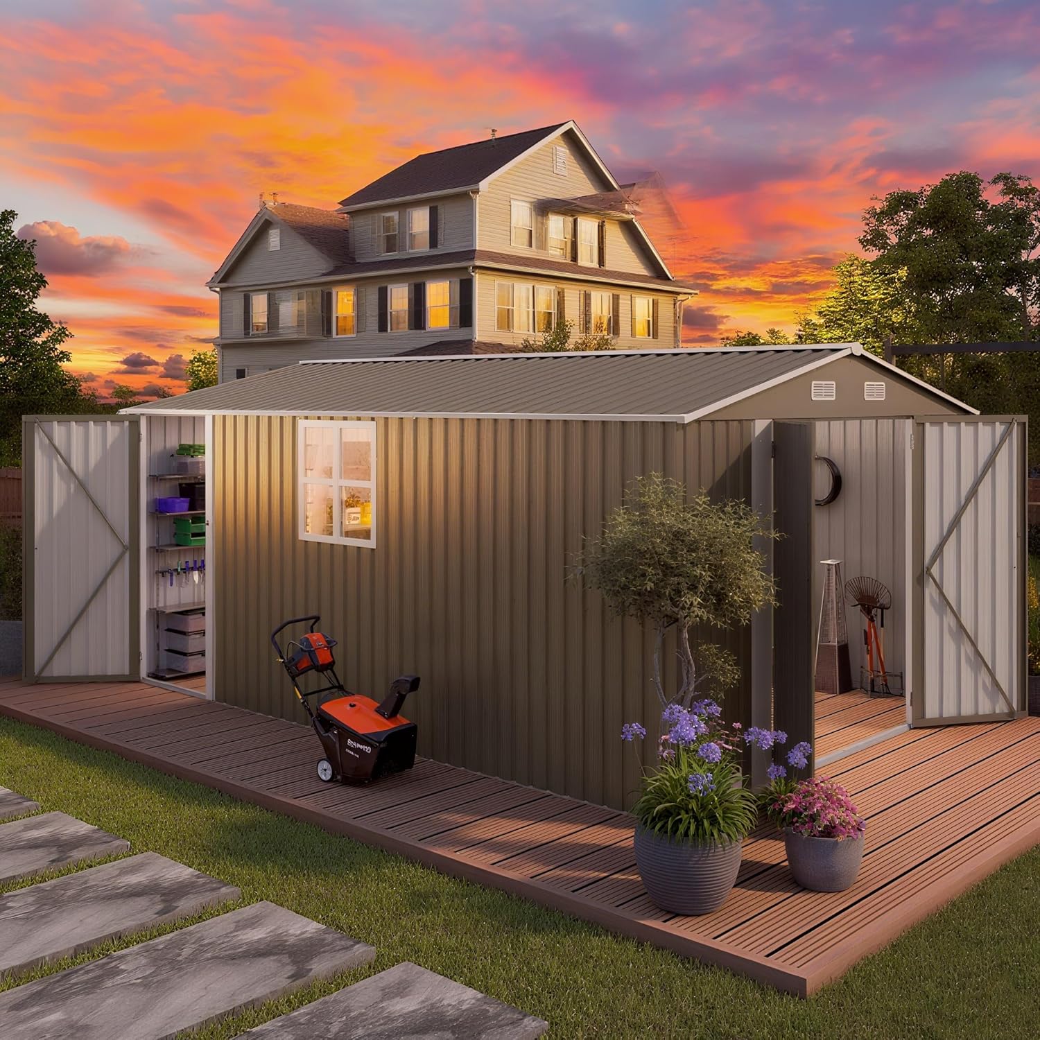 10 x 14 FT Outdoor Storage Shed, Metal Garden Tool Shed with Slooping Roof, Lockable Doors, All-Weather Bike Shed Easy to Assemble for Backyard, Patio, Lawn, White+Black
