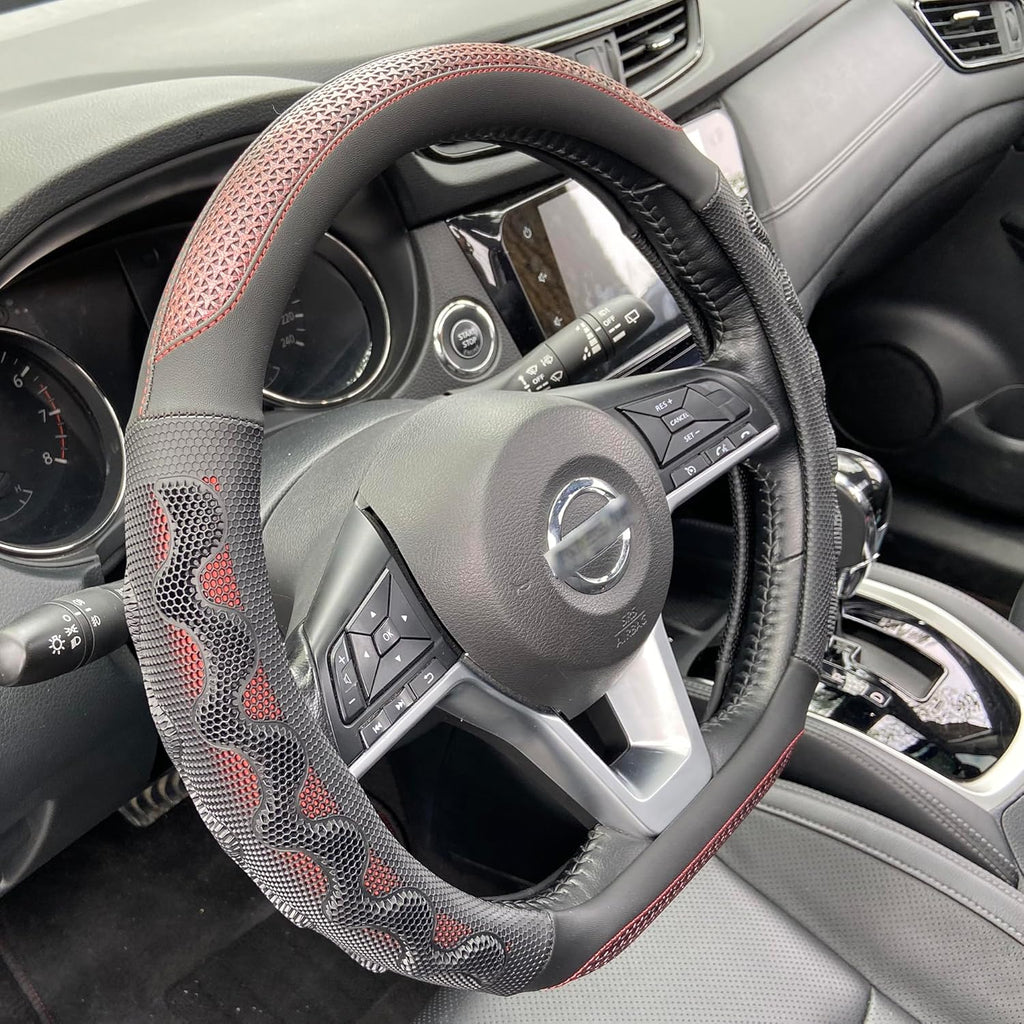 PINCTROT D Shaped 14.5-15 Inch Steering Wheel Cover Great Grip with 3D Honeycomb Anti-Slip Design, Flat Bottom 14.5-15 Inch (Wine Red)