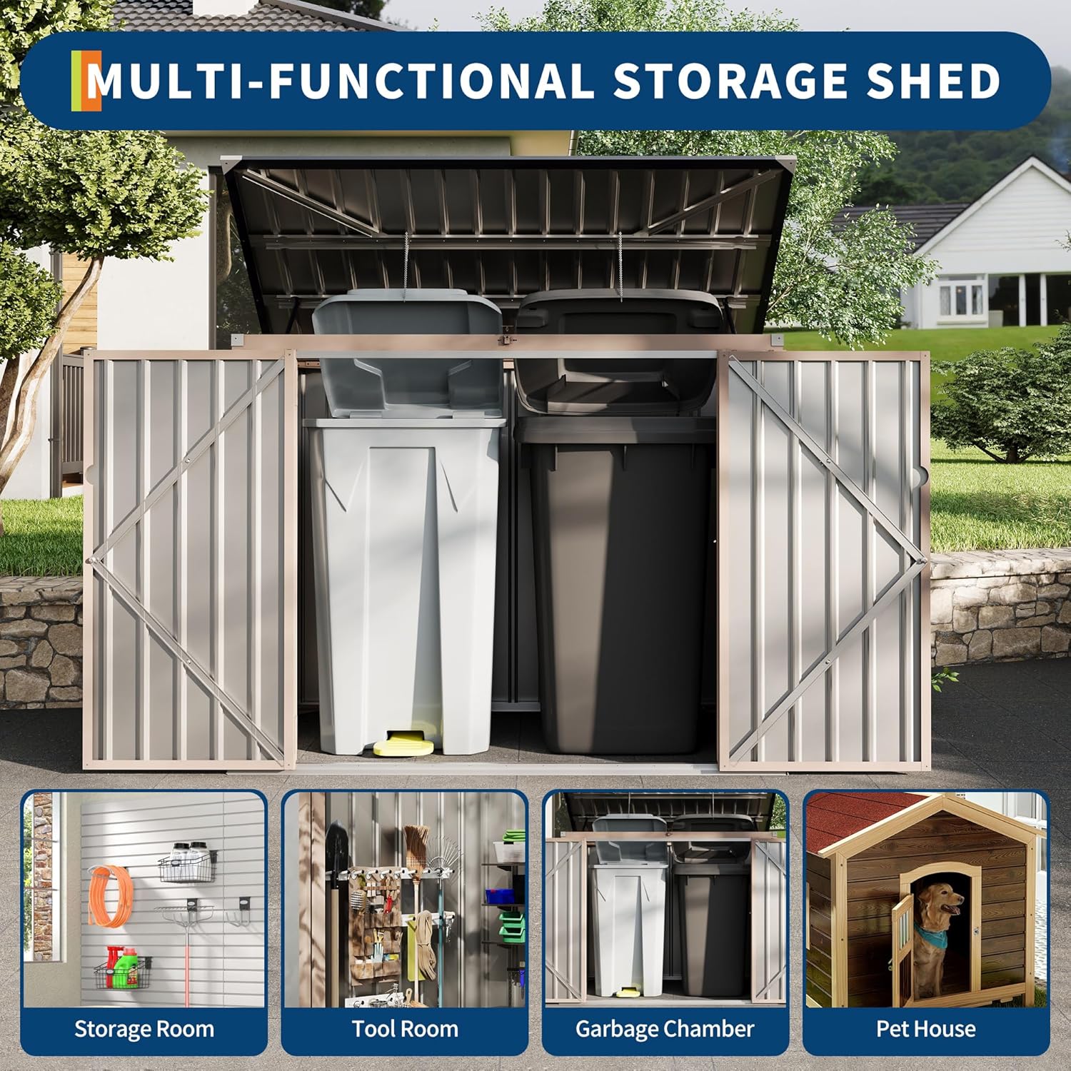 2 Trash Cans Metal Outdoor Storage, 3x6 FT Garbage Bin Storage Shed with Chain Lid, Garbage Can Metal Sheds for Garden, Backyard, Lawn and Patio