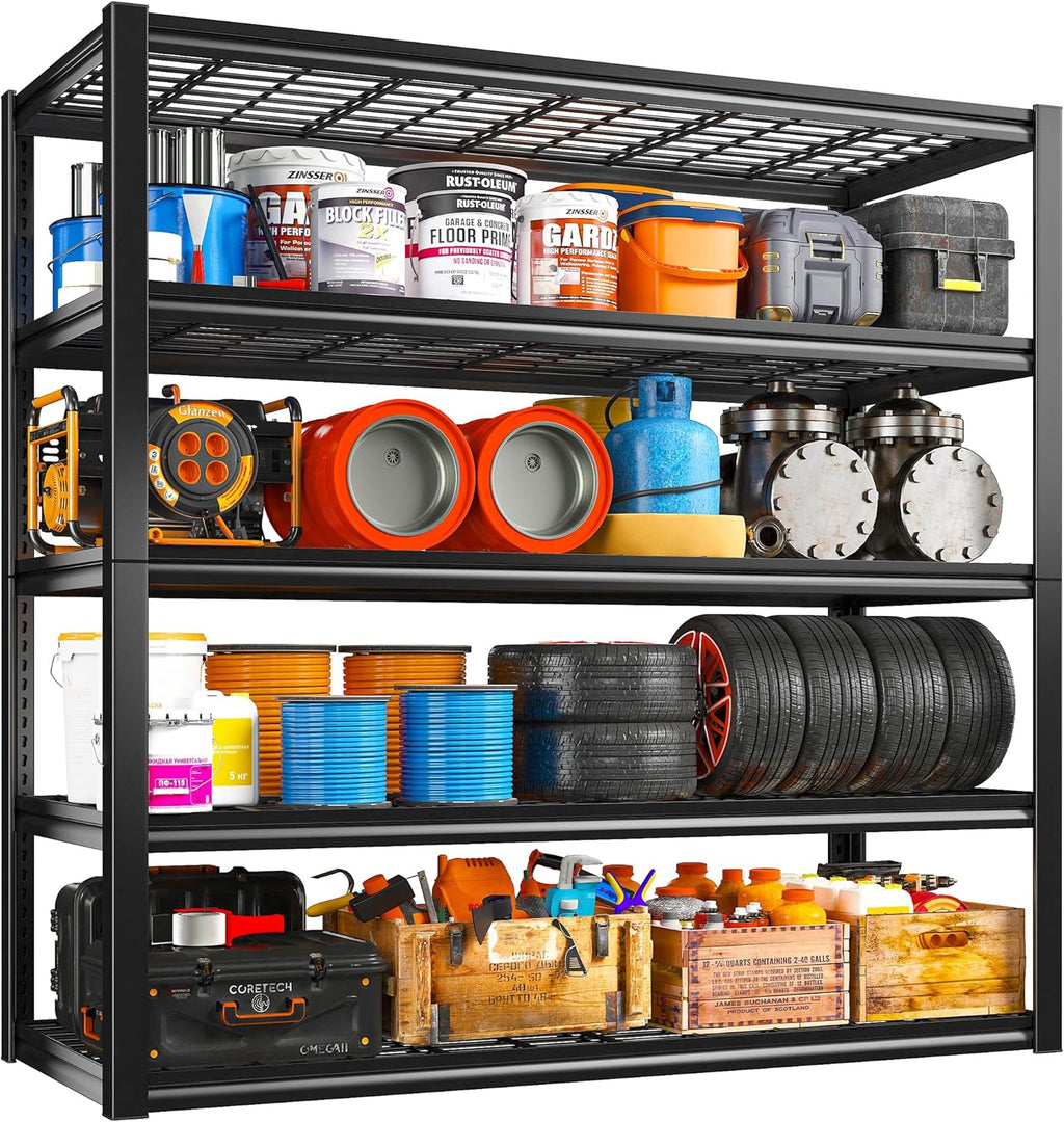 REIBII 48" W Garage Shelving Heavy Duty Load 2500LBS, 5 Tier Storage Shelves, Adjustable Metal Shelves for Warehouse, Pantry, Basement, 48" W X 72" H X18 D
