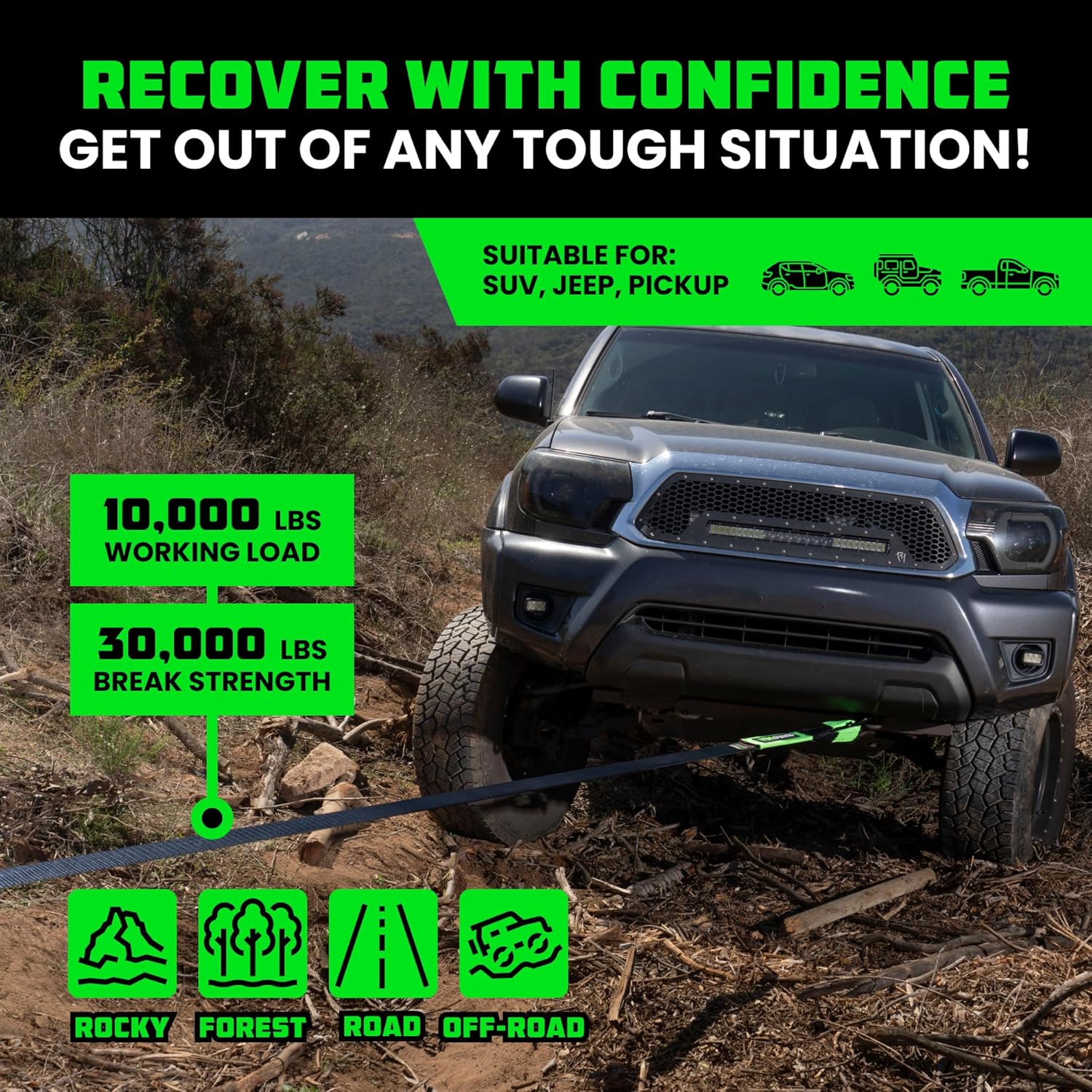 Rhino USA Recovery Tow Strap (3" x 20') - 31,518lb Break Strength - Emergency Recovery Strap Tow Rope for Truck, UTV, ATV & More - Heavy Duty Towing Strap for Offroad 4x4 Use - Compatible with Jeep