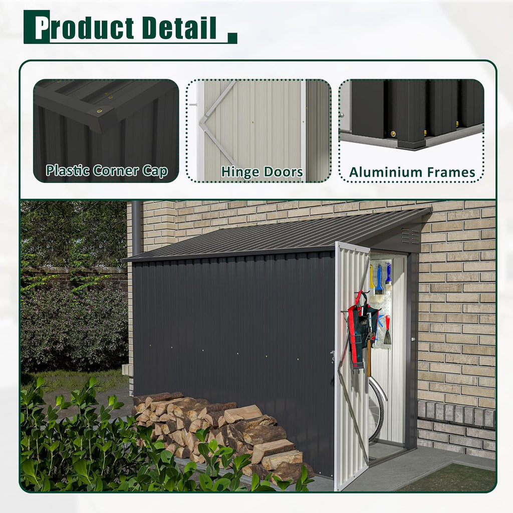 4x8 FT Outdoor Storage Shed,Lean to Metal Shed W/Floor Included,Garden Storage Shed W/Lockable Door,All Weather Waterproof Tool House W/ 2 Air Vents,for Backyard,Patio,Lawn,Garden,Black