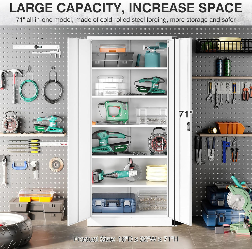 Wide & Deep Metal Storage Storage Cabinet with 5 Adjustable Shelves,White Metal Cabinet with Lock,Steel Pantry Cabinets,72" Lockable Cabinets for Home,Office,Garage,Kitchen,Shop