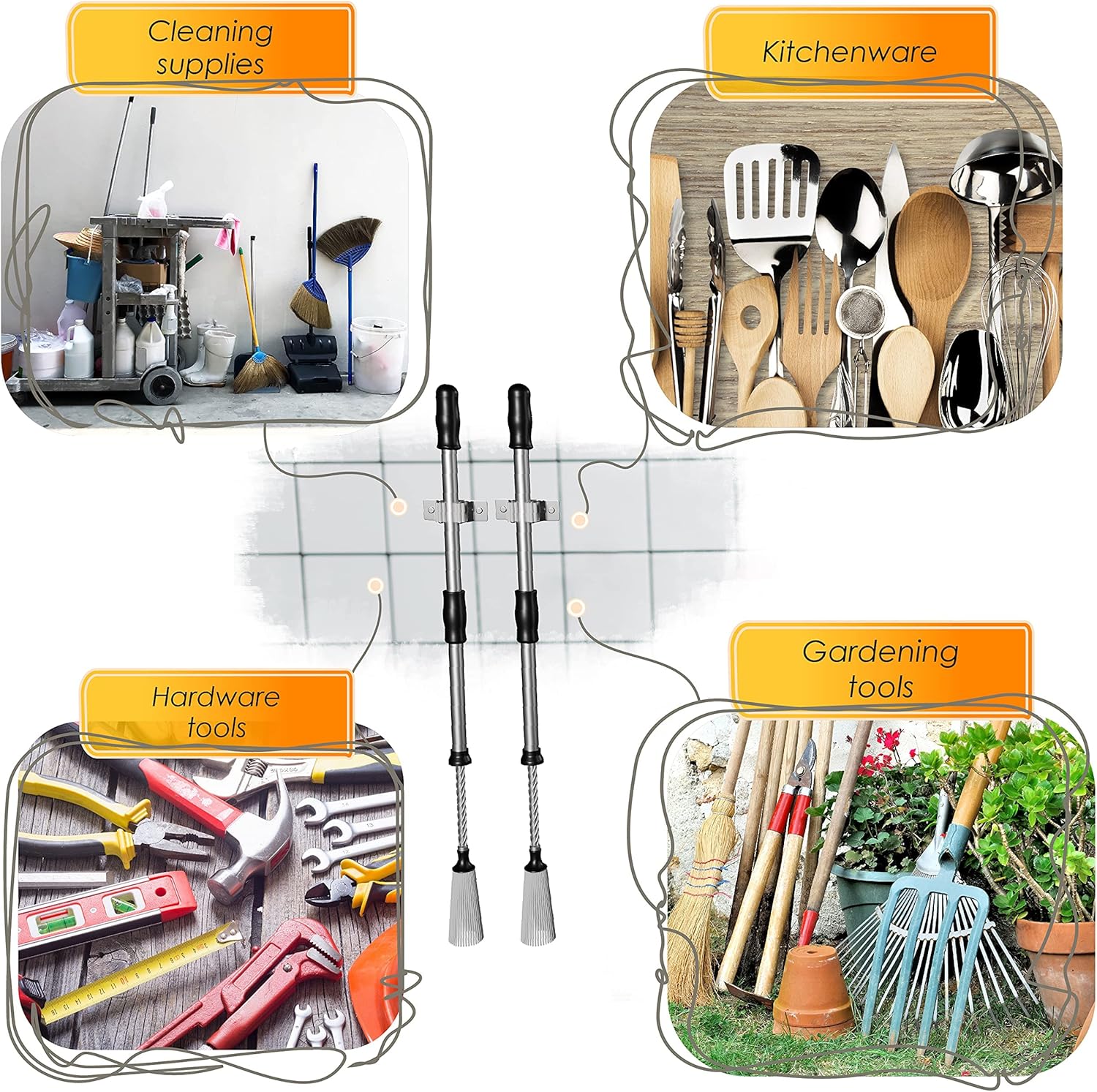 Self Adhesive Broom and Mop Holder Wall Mounted – SUS304 Stainless Steel 2-Slot Organizer with Anti-Slip Rubber Grips, 25lb Load, Adjustable for 0.6–1.4" Handles, Garage Kitchen Bathroom Use, 2 Pack