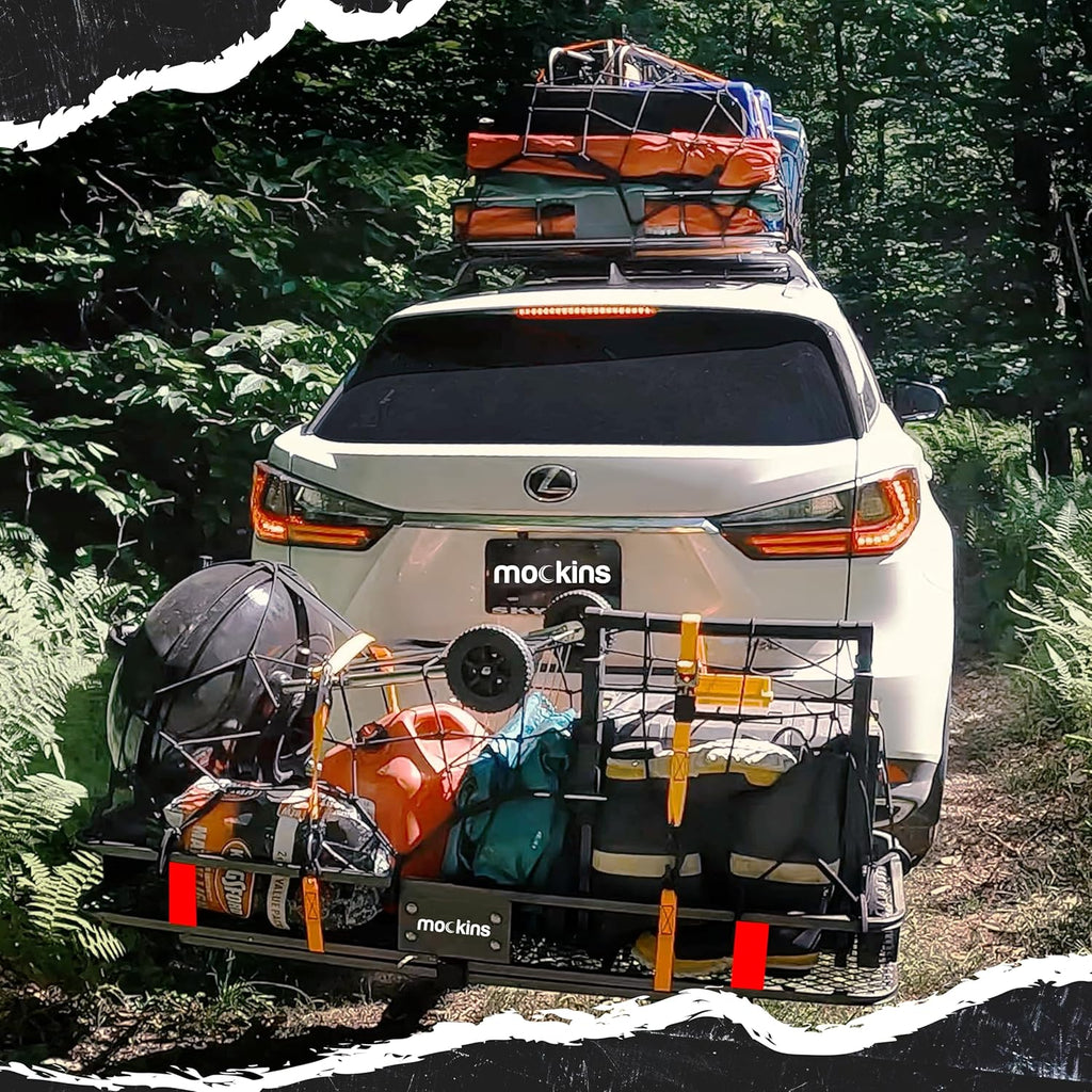 Mockins 60"x20"x6" Trailer Hitch Cargo Carrier | Weatherproof Steel Folding Luggage Rack for Car, SUV & Truck w/ 500 lbs. Capacity | 2" Receiver Hitch Rack Luggage Carrier & Cargo Trailer Accessories