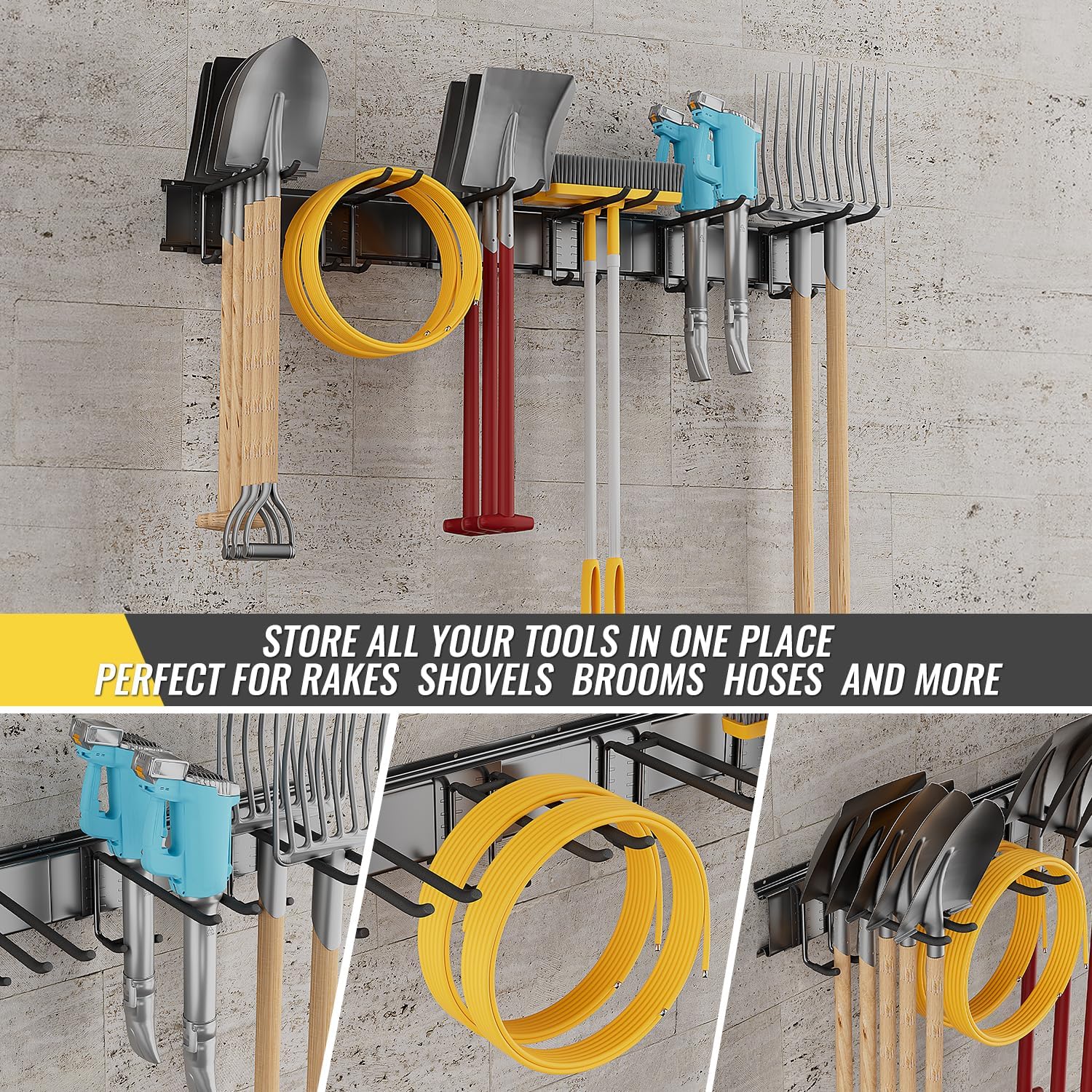 Garage Tool Rack Wall Mount – 32 Inches Heavy-Duty Garden Tool Holder with 4 Adjustable Hanging Hooks – Garage Wall Storage Organizer for Shovel, Rake – Max Load 360 lbs (32 inch)