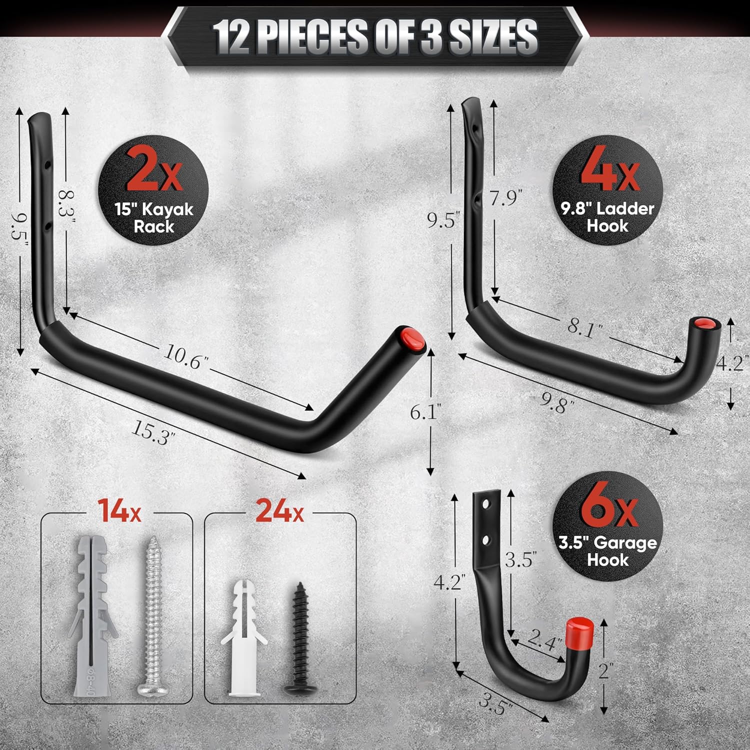 Nacial 12 Pack Garage Hooks Heavy Duty, 15" & 9.8" & 3.5" Kayak Storage Hook with EVA Pads, 100LBS Capacity Garage Hooks for Hanging Bikes, Kayak Folding Chairs and Hanging Ladders