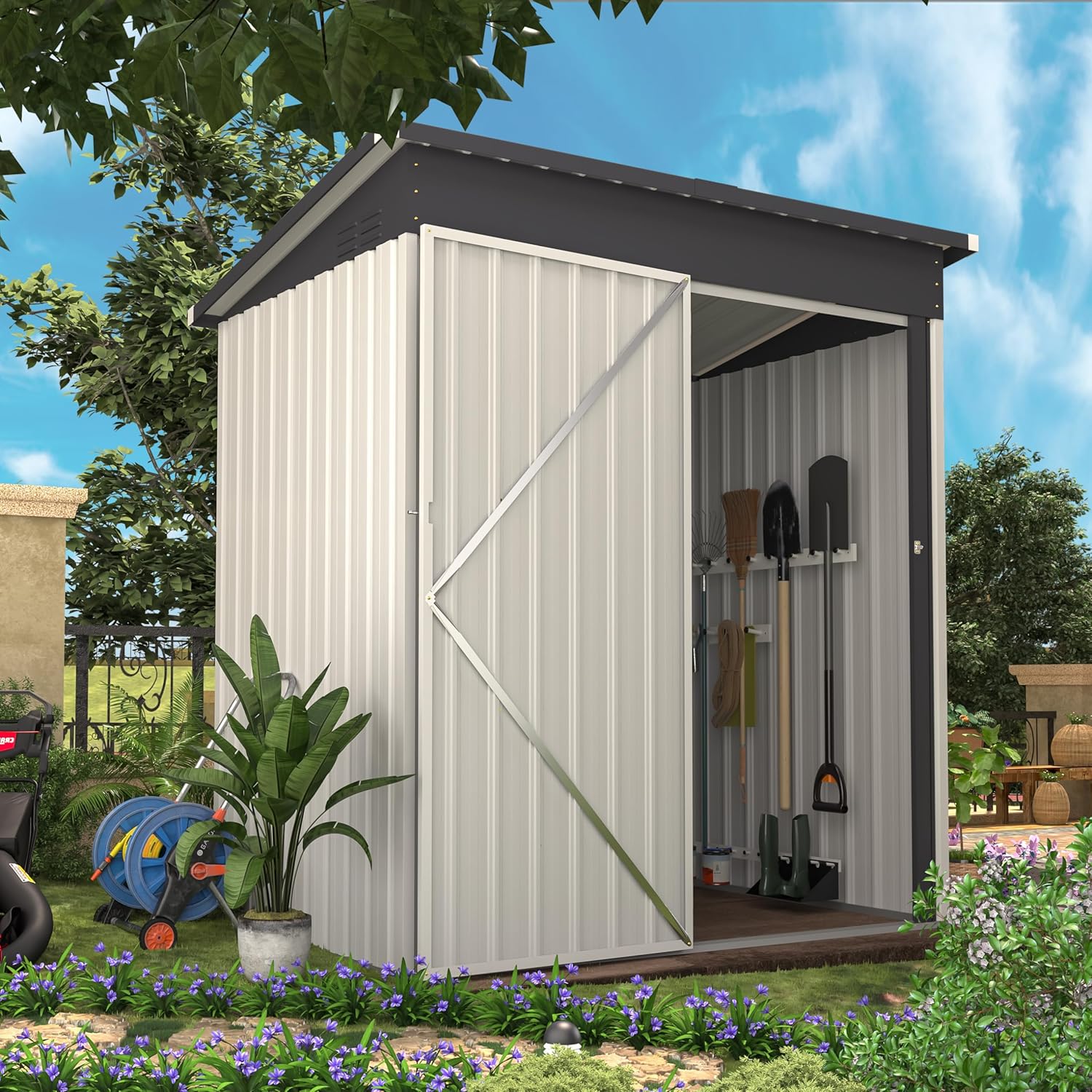 U-MAX 5' x 3' Outdoor Metal Storage Shed, Steel Garden Shed with Single Lockable Door, Tool Storage Shed for Backyard, Patio, Lawn in White