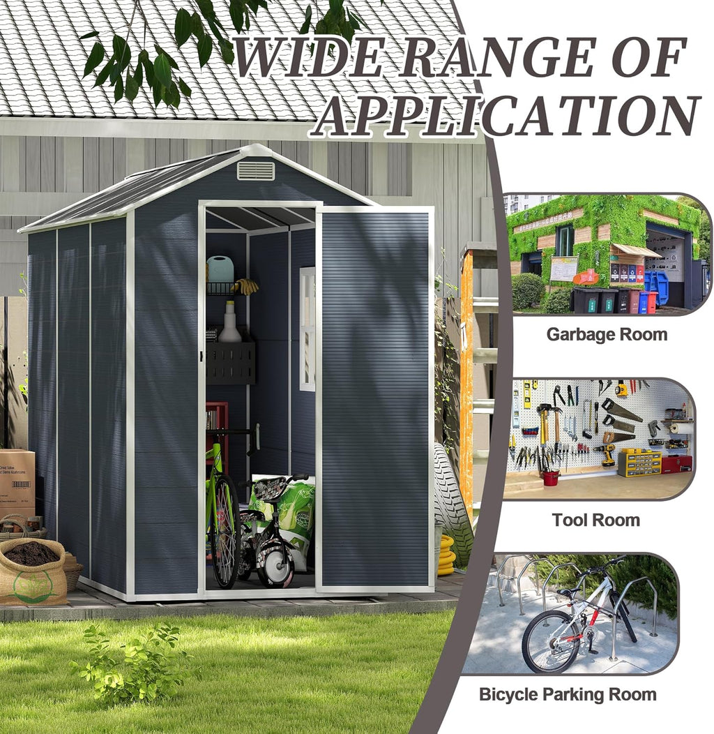 8x4 FT Outdoor Storage Resin Shed with Floor,Waterproof Plastic Garden Bike Shed with Lockable Door, Sloped Roof, Vents & Windows, Easy Assembly Tool Shed for Lawn, Backyard, Patio, Black
