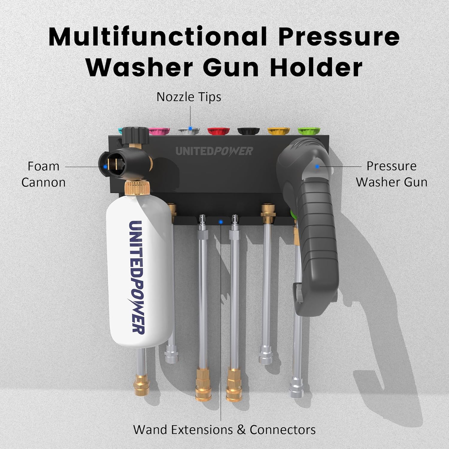 UNITEDPOWER Pressure Washer Gun Holder，Wall Mount Foam Cannon Holder，Tool Storage Rack for Pressure Washer Wand/Nozzle Tips, Car Wash Accessories Organizer, Black