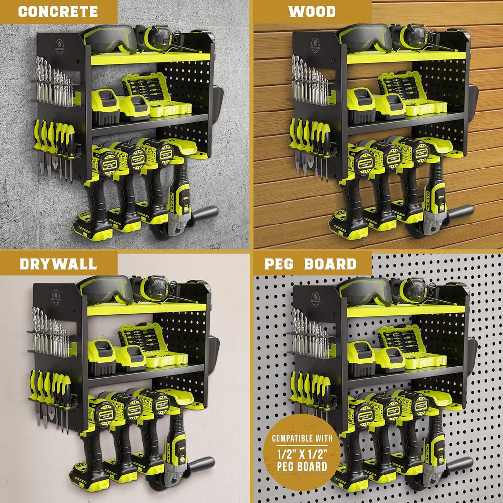 Heavy-Duty Metal Tool Storage Rack - 3-Tier Wall Mount Organizer, Drill Holder, Utility Racks, PegBoard Side, Garage Storage (Green)