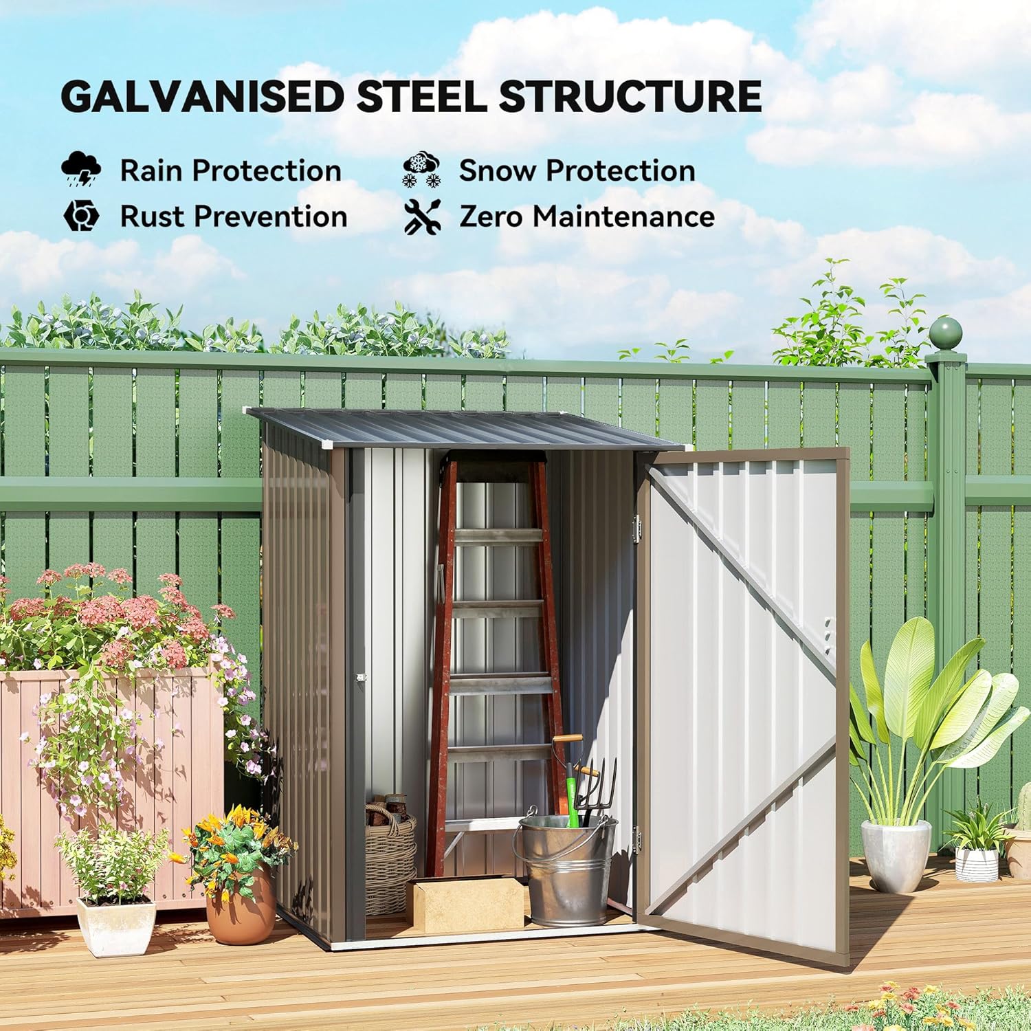 Outsunny 3.3' x 3.4' Outdoor Storage Shed, Metal Garden Tool House with Sloping Roof and Lockable Door for Backyard, Bike, Patio, Garage, Lawn, Brown
