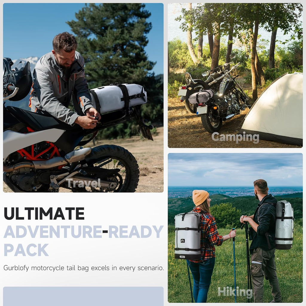 Motorcycle Tail Bag, 30L Waterproof Motorcycle Saddle Bag, 2 Size and 3 Color Options Luggage Bag, PVC Travel Bag, Rear Seat Bag, Stone Grey GT-30GRY