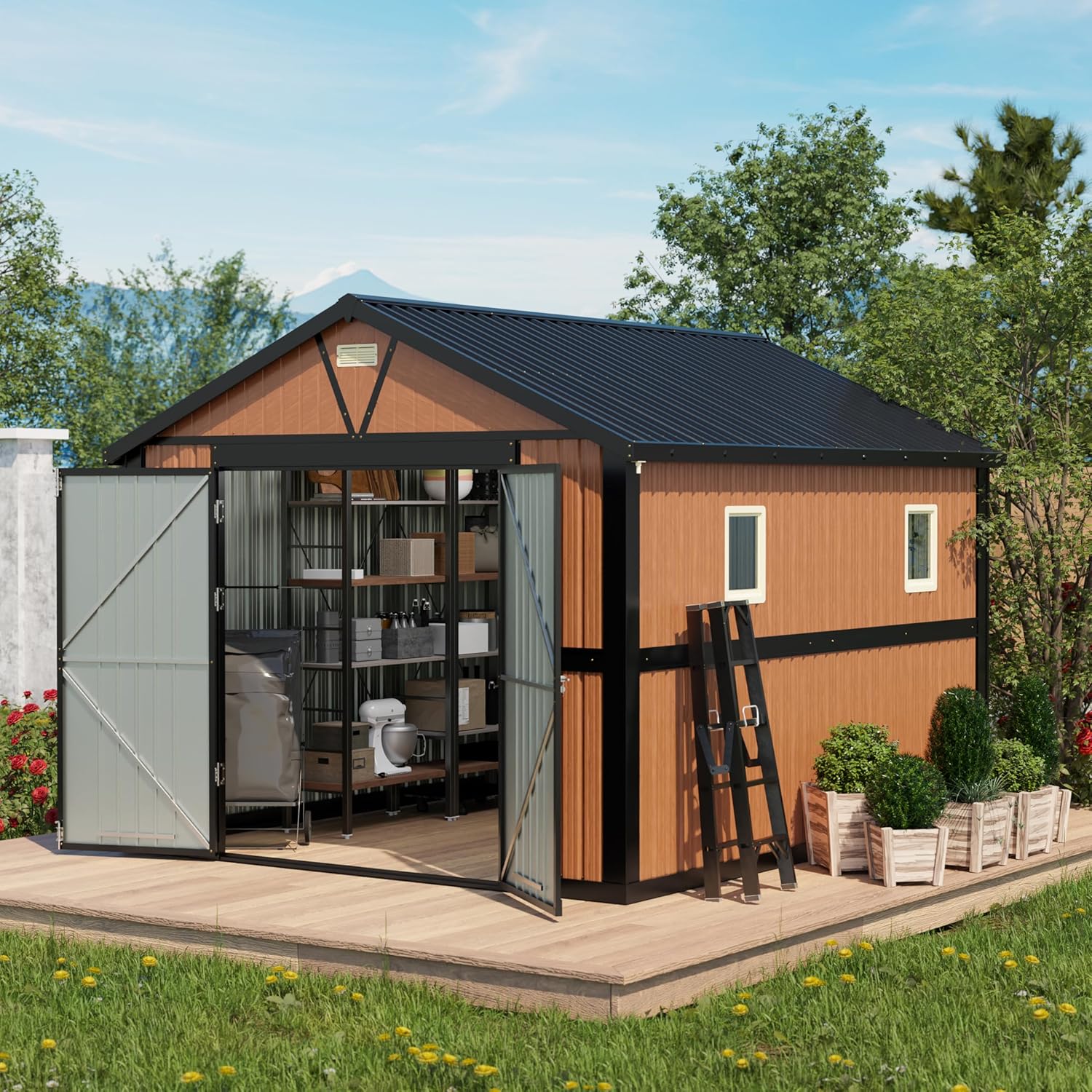 10x12 Ft Outdoor Storage Shed, Extra Large Metal Shed with Frame Floor, Lockable Doors, 2 Windows, Outside Steel Tiny House Ideal for Garden, Backyard, Patio Utility, Tool Storage