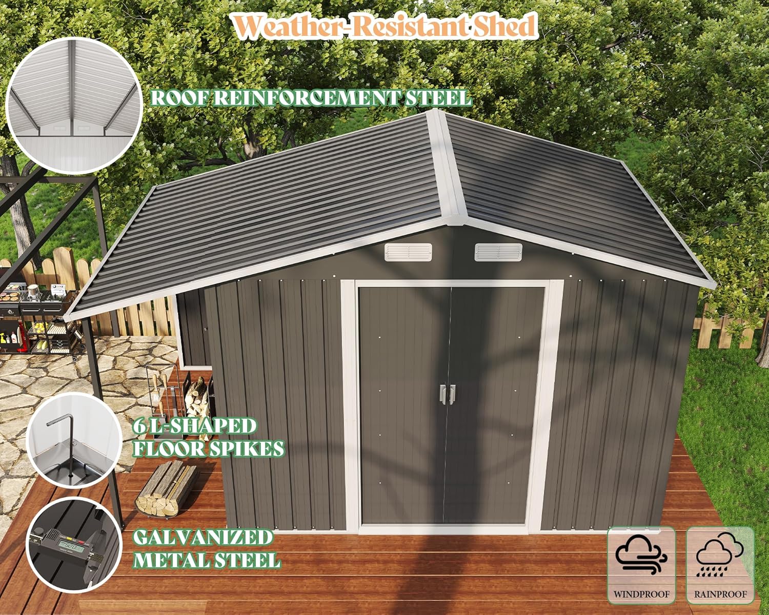Jocisland 10.6x6.8x6.3 FT Galvanized Metal Storage Shed with Open Firewood Bay, Sliding Doors & Ramp, 2 Windows & Vents, Weather-Resistant Outdoor Tool/Garden Shed, Dark Grey/White