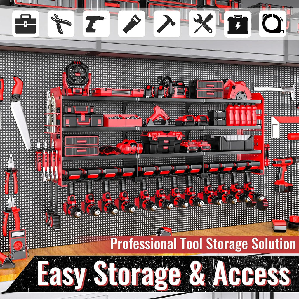 Large Power Tool Organizer Wall Mount-12 Drill Holder, Metal Heavy Duty Garage Tool Storage Shelves with Screwdriver Plier Holder, Gifts Idea for Men Dad Husband