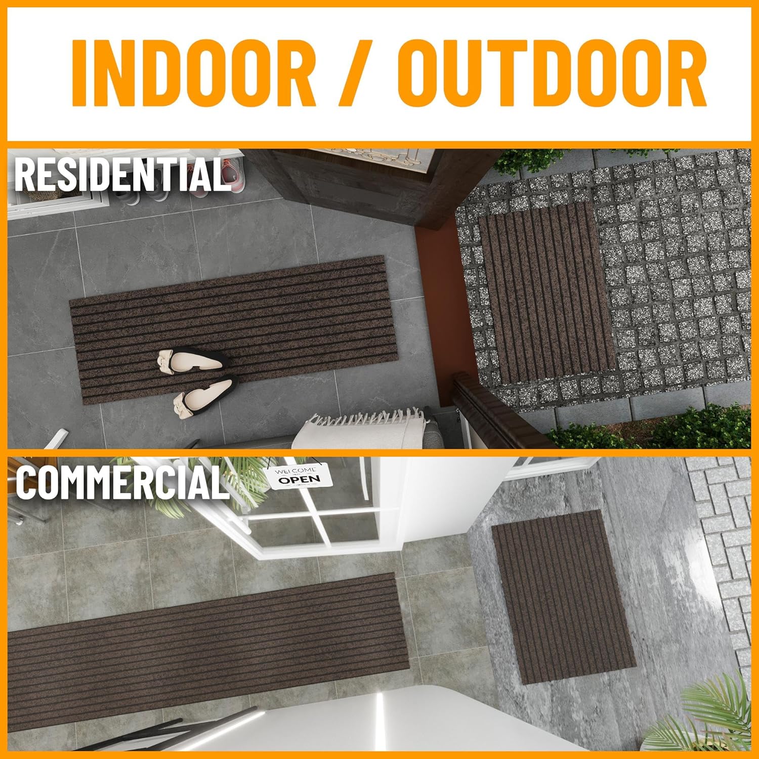 Ottomanson 2'7" x 34' Hallway Runner with Scraper Pile - Extra Durable Non-Slip Rug Mat for Indoor & Outdoor Use - Ideal for Kitchen, Entryway & Garage - High-Traffic Carpet, Brown