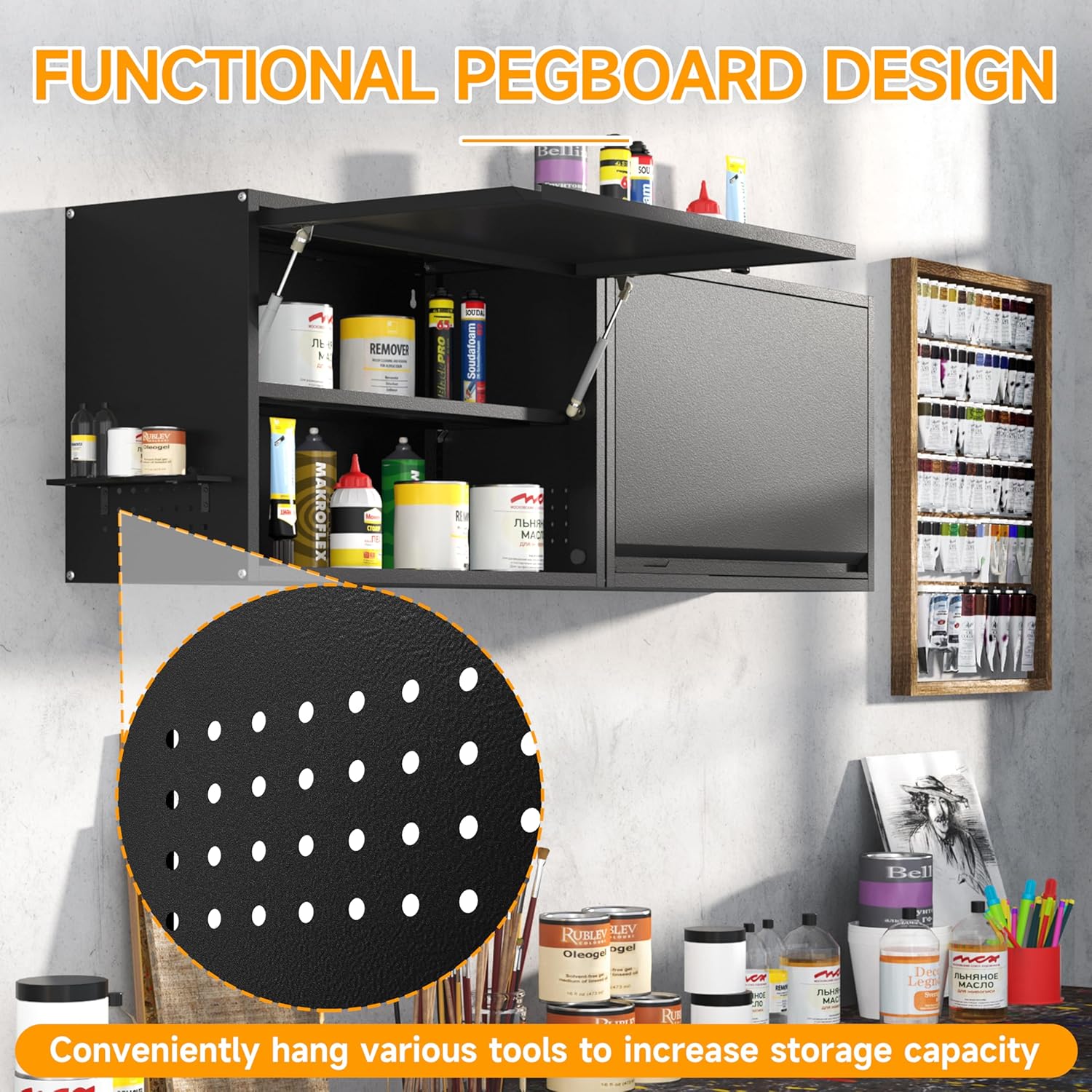 Metal Wall Cabinet with Up-flip Door,Metal Wall Storage Cabinet with Adjustable Shelf,Wall Mounted Tool Cabinets with Pegboard for Garage,Basement,Home Office, Kitchen,Warehouse-Black