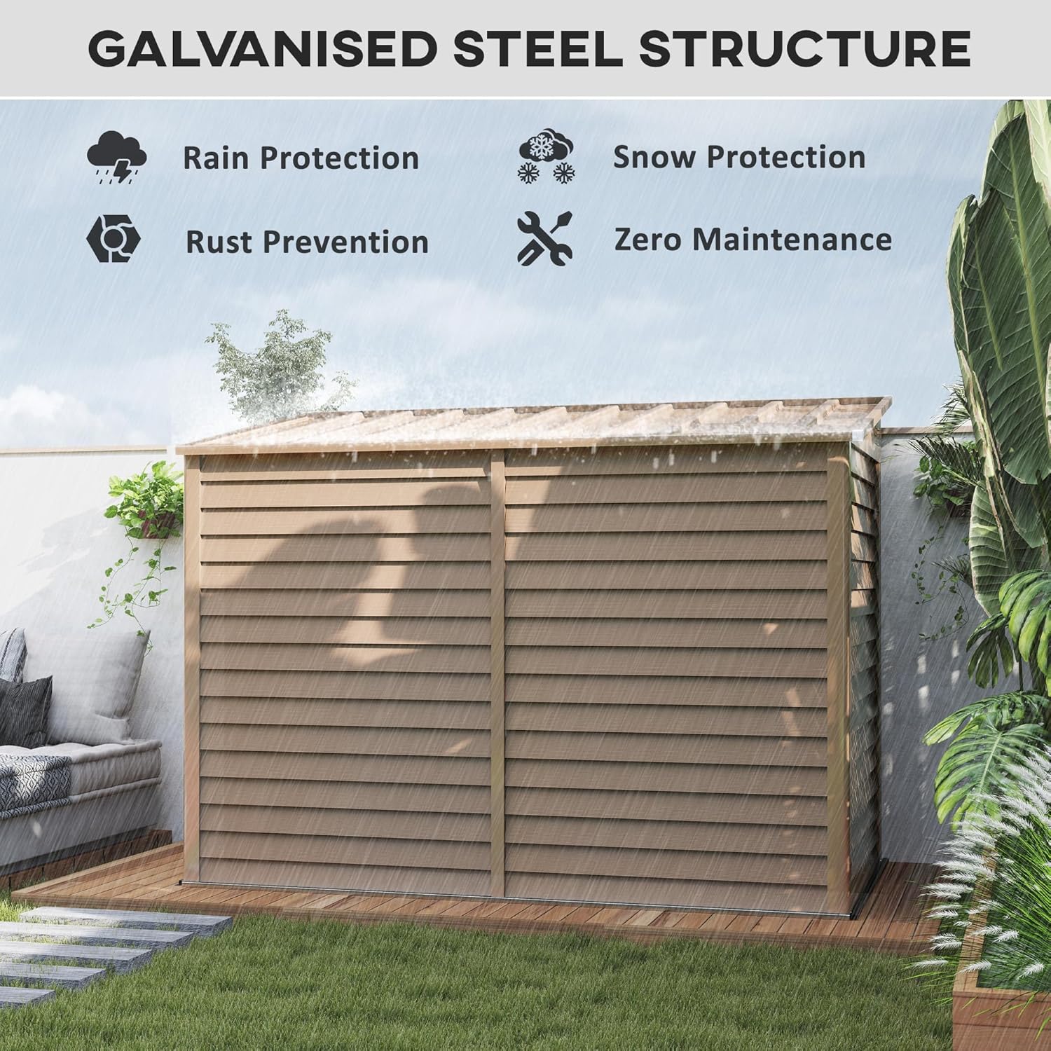 Outsunny 4.6' x 9' Steel Outdoor Storage Shed, Lean to Shed, Metal Tool House with Foundation Kit, Lockable Doors, Gloves and 2 Air Vents for Backyard, Patio, Lawn, Brown