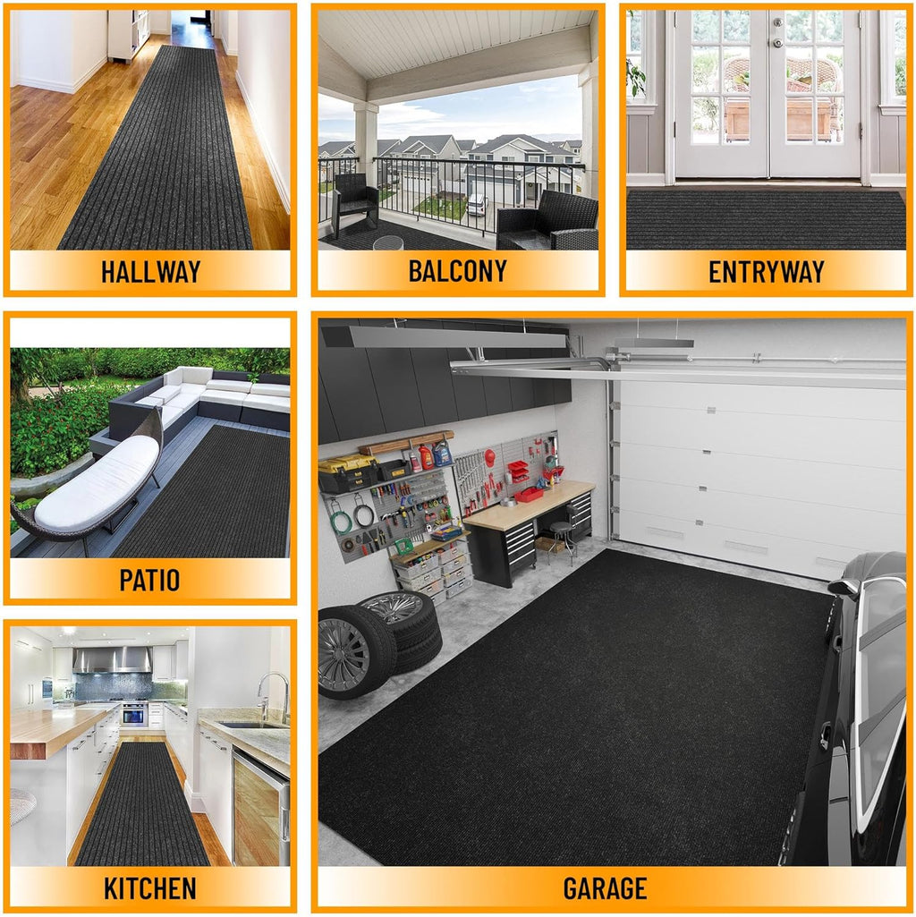 Ottomanson 2' x 16' Hallway Runner with Scraper Pile Extra Durable Non-Slip Rug Mat for Indoor & Outdoor Use - Ideal for Kitchen, Entryway, Patio & Garage - High-Traffic Carpet, Black