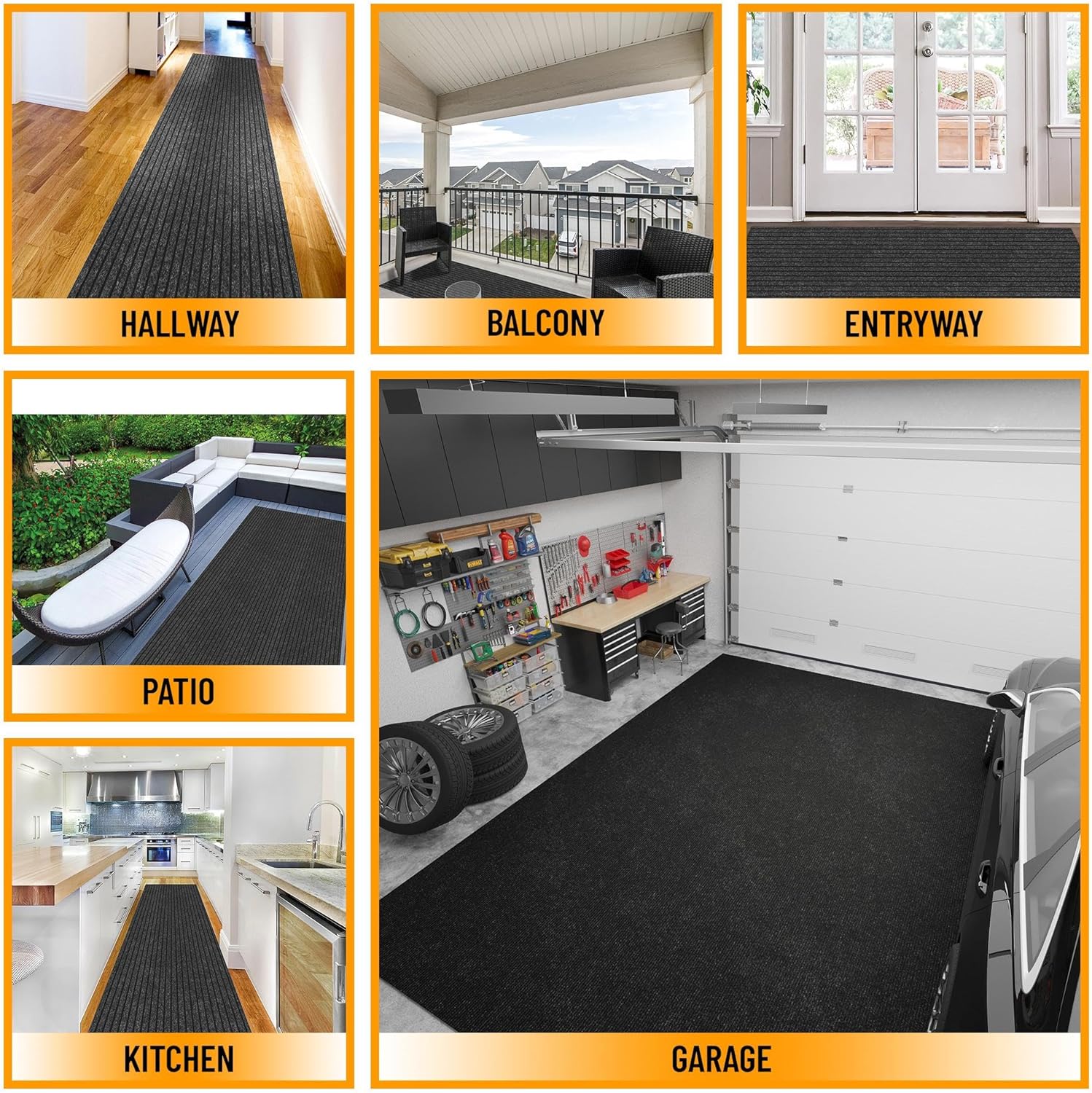 Ottomanson 2' x 20' Hallway Runner with Scraper Pile Extra Durable Non-Slip Rug Mat for Indoor & Outdoor Use - Ideal for Kitchen, Entryway, Patio & Garage - High-Traffic Carpet, Black