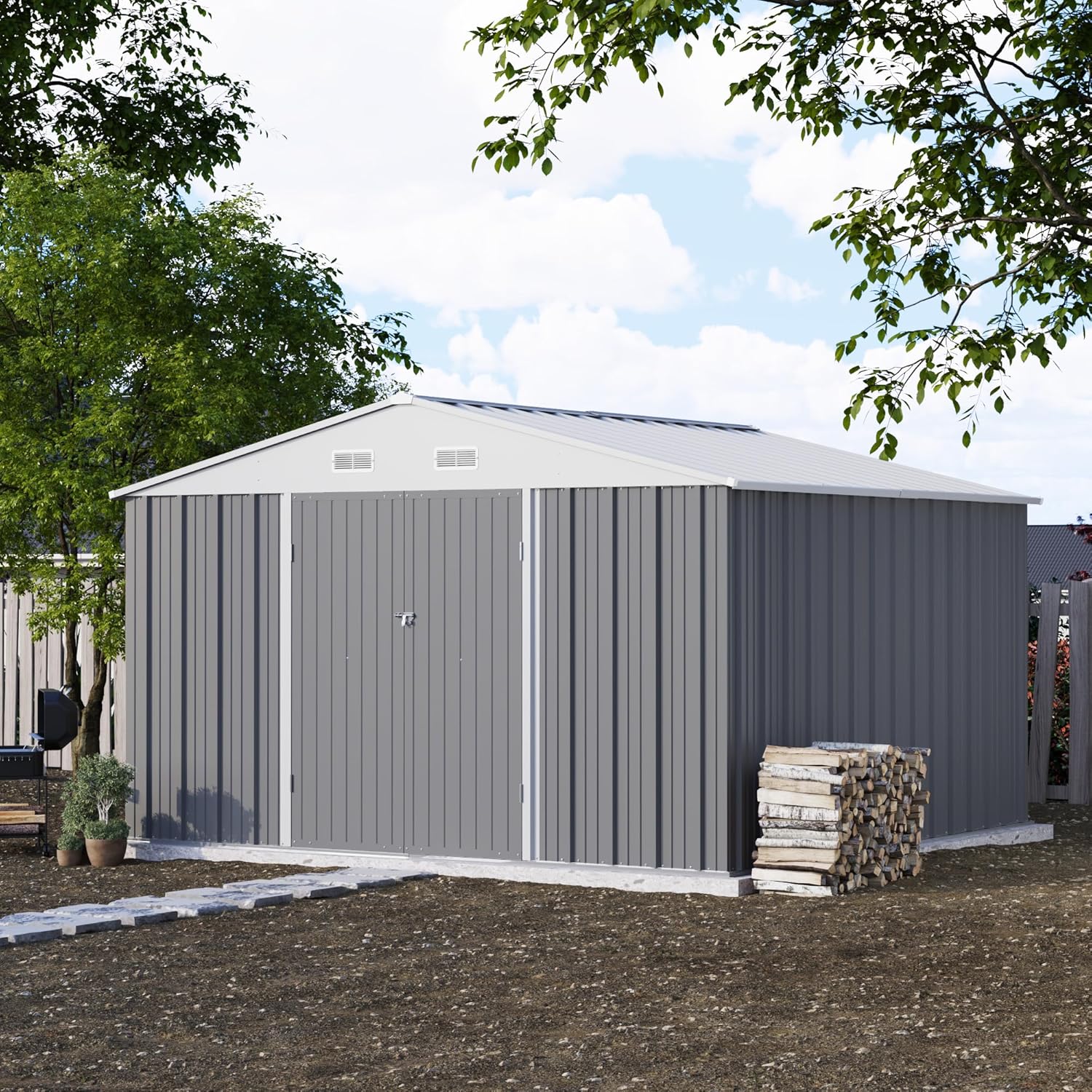 Patiowell 10 x 10 FT Outdoor Storage Shed with Floor Frame, Metal Yard Shed with Design of Lockable Doors, Utility and Tool Storage for Garden, Patio, Backyard, Outside use, Gray