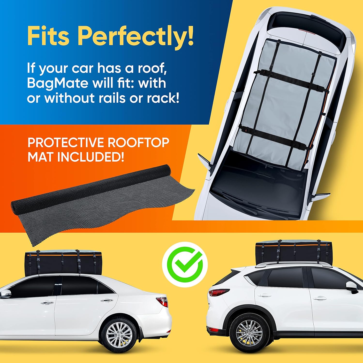 Military-Grade Waterproof Roof Bag - Rooftop Cargo Carrier – 19 Cubic Feet. (540L) with 4 Door Hooks, Zipper/Buckle Closure, Extra Strap – Black Roof Bag for Cars with or Without Rack