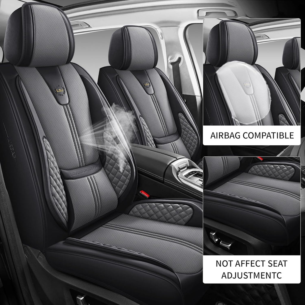 Car Seat Covers Full Set, Black Seat Cover for Cars Compatible Airbag, Easy Install Luxury Leather Automotive Seat Covers with Lumbar Support, for Car, Truck, SUV, Grey