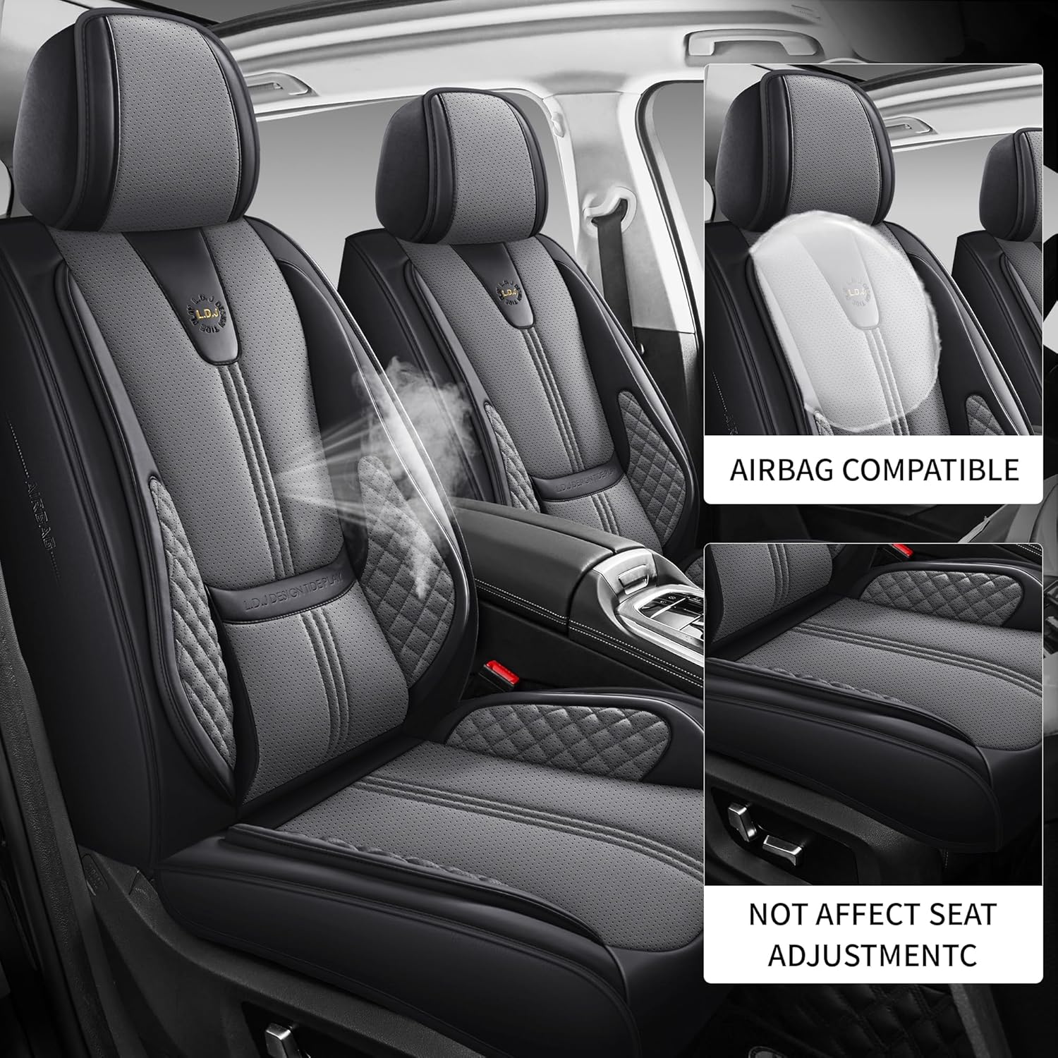 Car Seat Covers Full Set, Black Seat Cover for Cars Compatible Airbag, Easy Install Luxury Leather Automotive Seat Covers with Lumbar Support, for Car, Truck, SUV, Grey