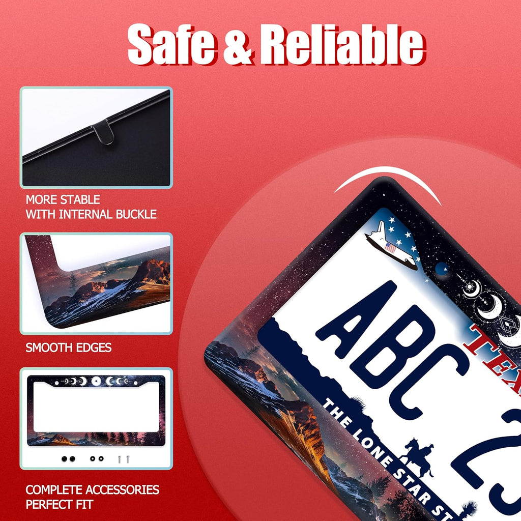 Moon Phases License Plate Frame Starry Sky Forest Moon License Plate Frames Funny Auto Accessories Bracket Stainless Steel License Plate 6.3x12.3 Inch for Women Men