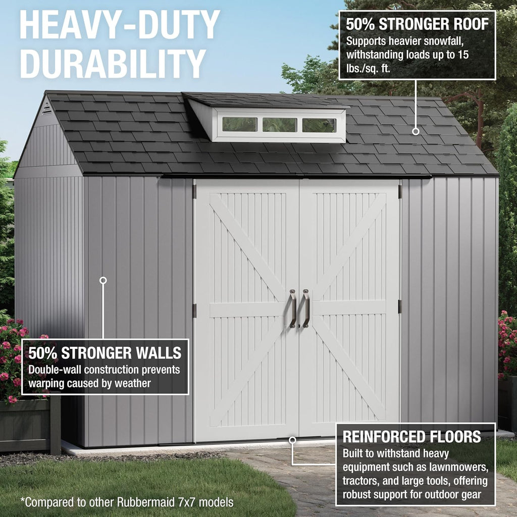 Rubbermaid Extra Large Resin Outdoor Storage Shed With Floor (7 x 10 Ft.), Weather Resistant, Brown, Organization for Home/Lawn Mower/Backyard Equipment/Bike Storage/Pool Supplies