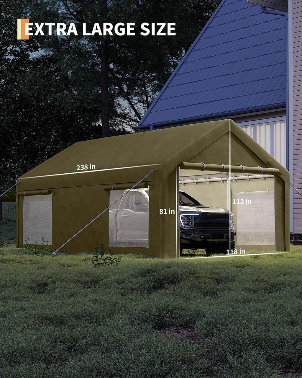 10x20 Ft Carport, Car Port with 200g PE Tarp, Roll-Up Doors, and 4 Windows, for Sedans, Bass Boats, Motos, ATVs, and SUVs, Khaki