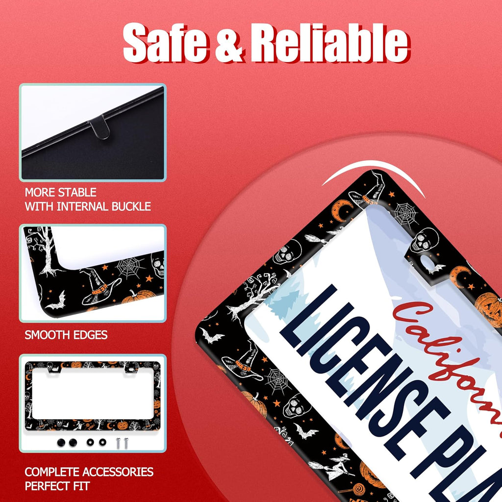 Pumpkin Witch Gothic License Plate Frame Bat Spider Web License Plate Holder Funny Personalise Car Stainless Stee Decorative Parts for Standard Us Canada Vehicles 12x6 Inch for Women Men